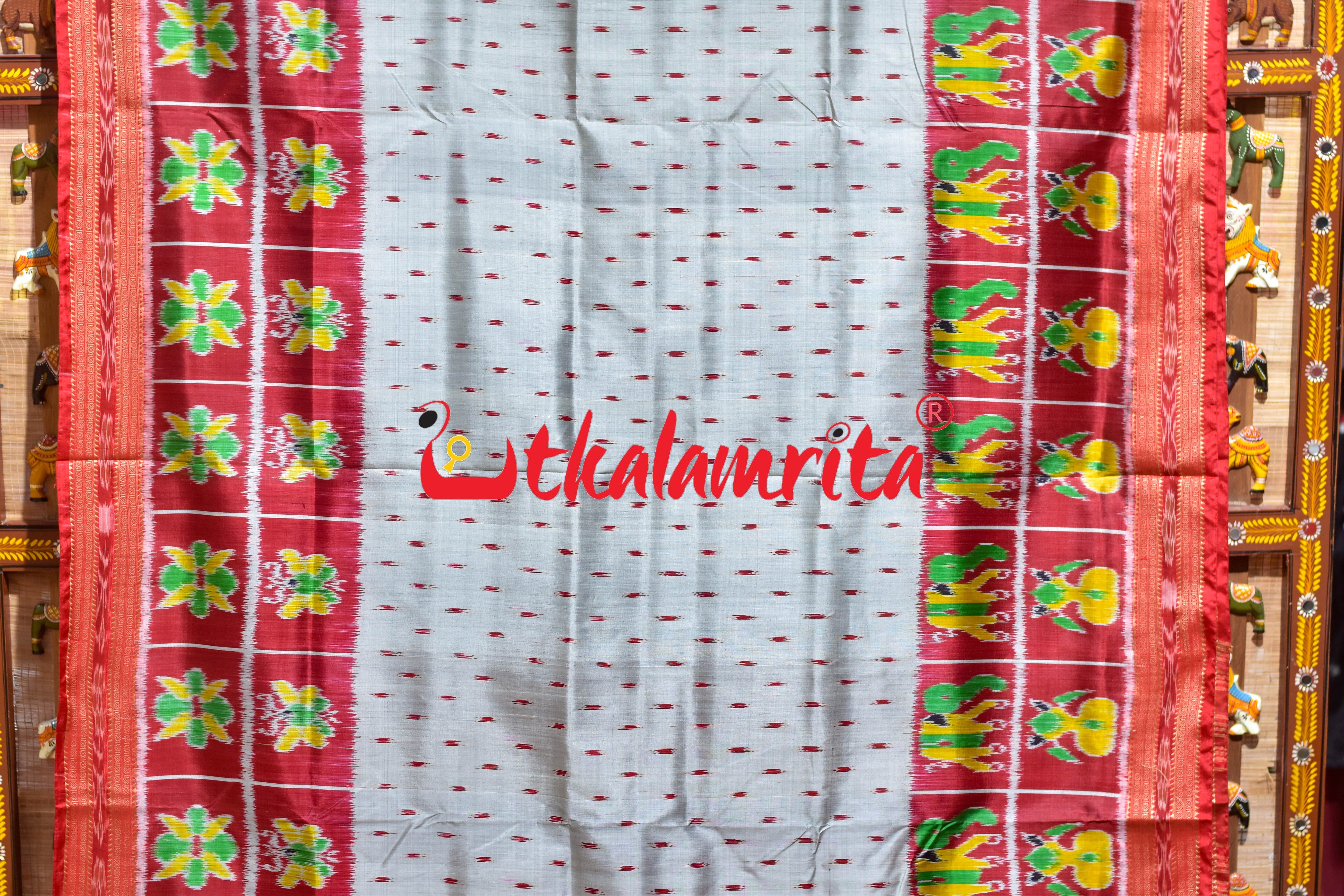 Grey Red Dots Kalash Hathi Border Khandua Silk Saree