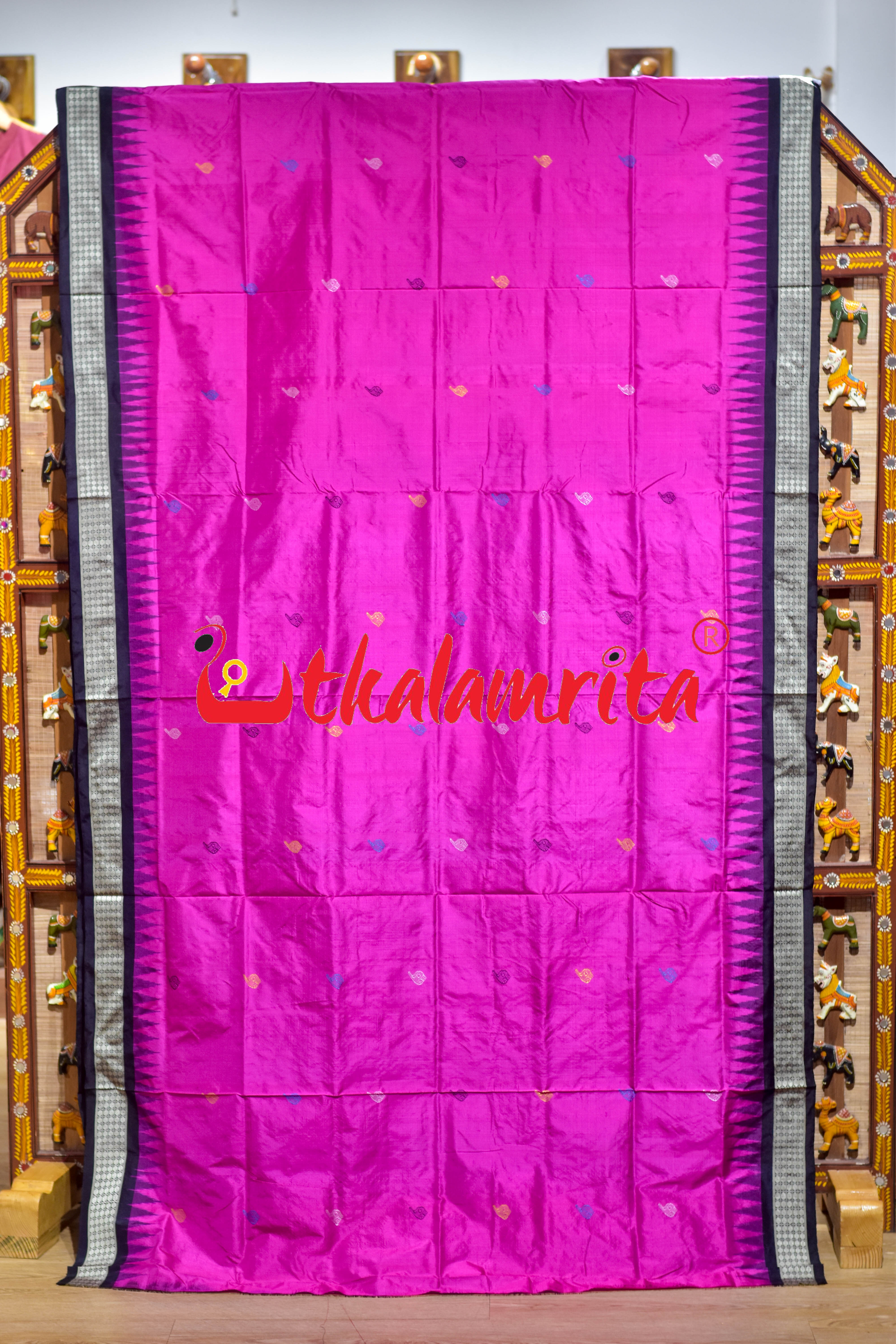Rani Pink Black Sankha Sudarshana Bomkai Silk Saree