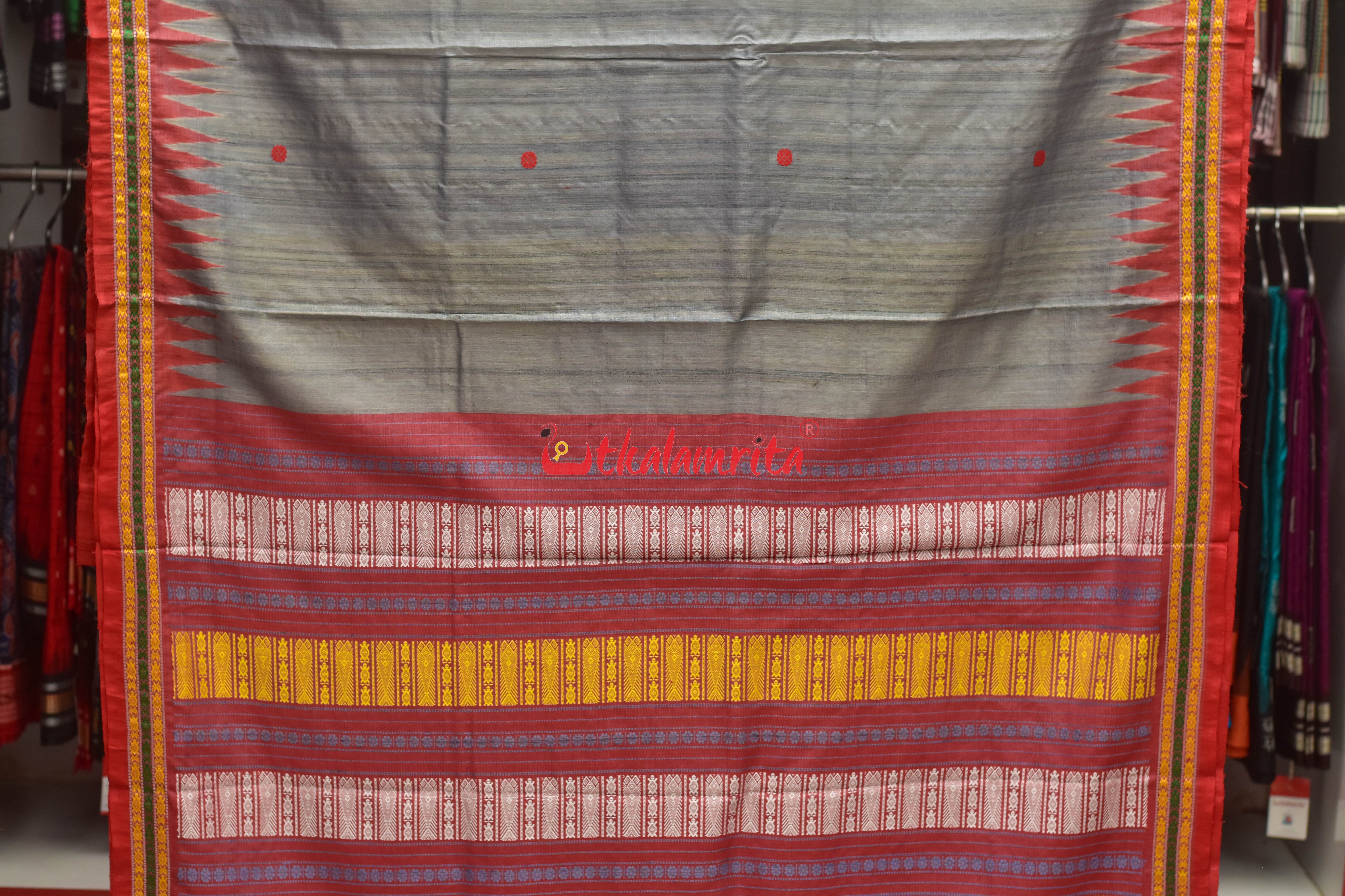 Grey Red Tortoise Border Jaala Anchal Tussar Saree