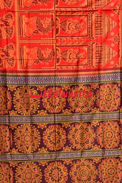 Big Haathi Lions Dancers Orange Sambalpuri Cotton Saree