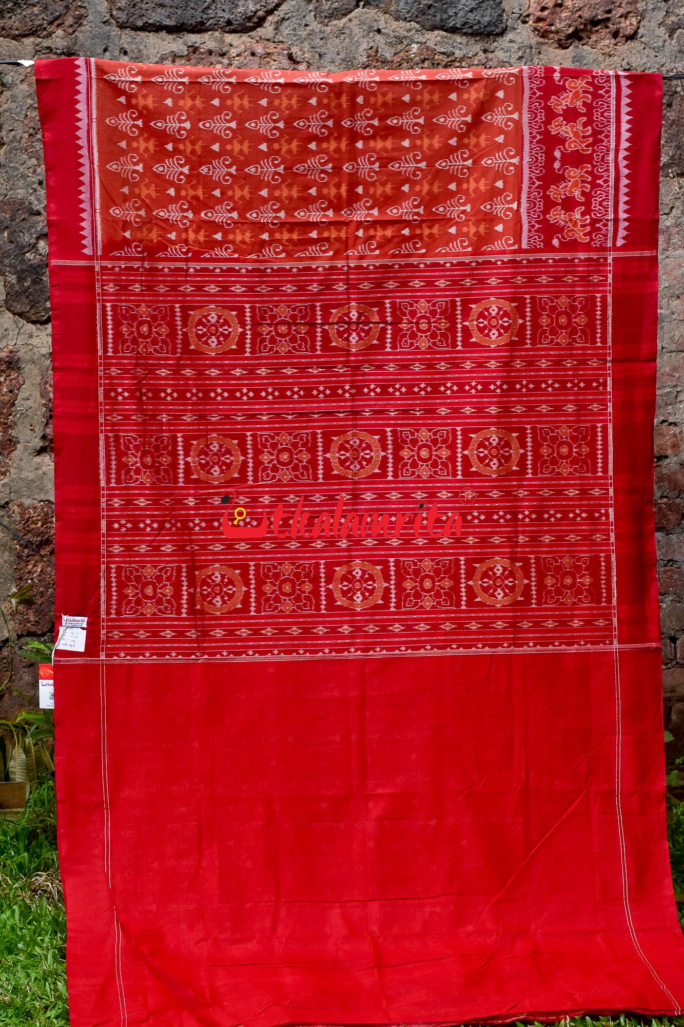 Lion Border Brown Red Sambalpuri Cotton Saree
