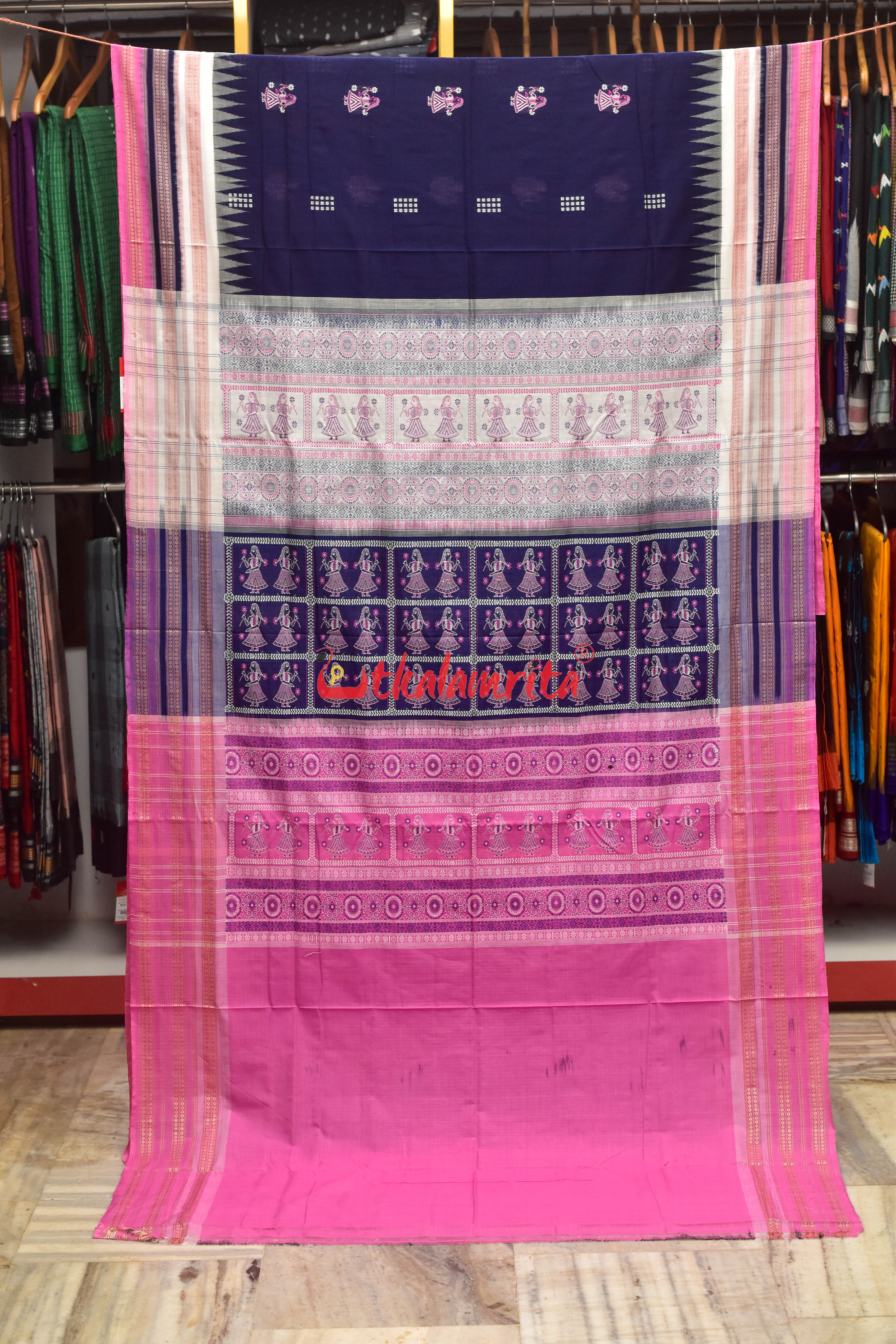 Ink Blue Pink Border Double Doll Bomkai Cotton Saree