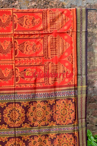 Big Haathi Lions Dancers Orange Sambalpuri Cotton Saree