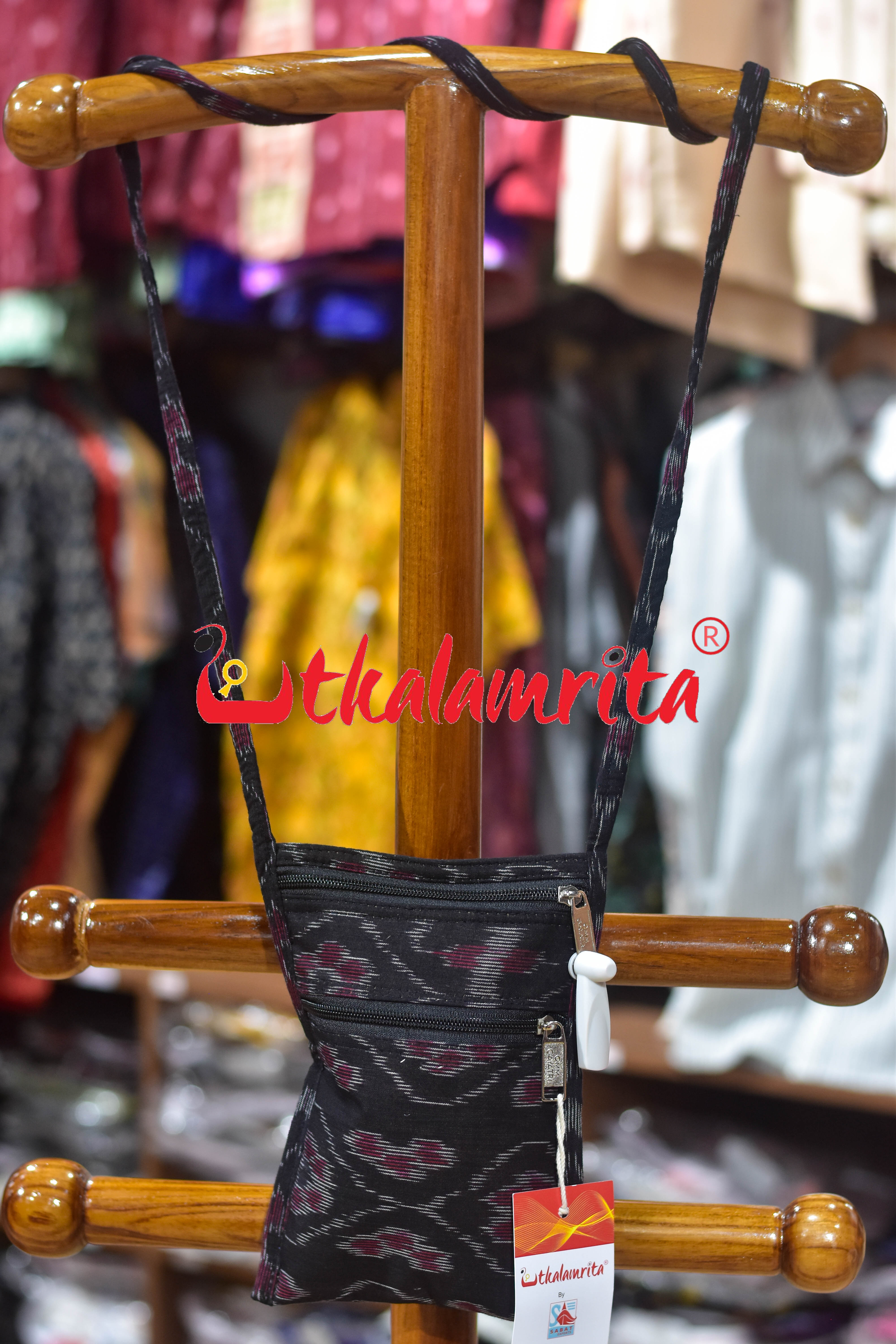 Black Wavy Flower Bandha Mobile Sling Bag