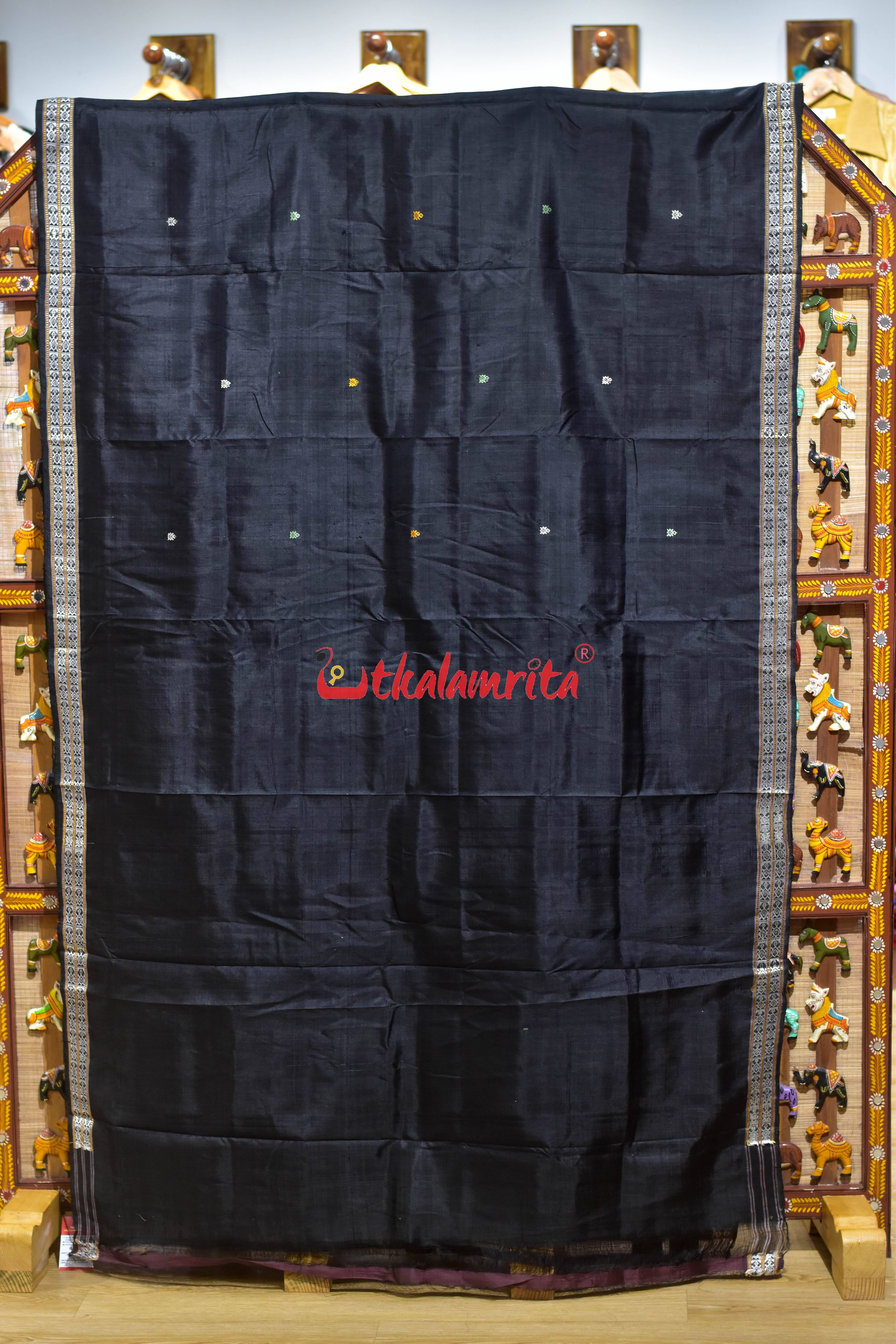 Self Black Turtle Buti Wedding Aanchal Khandua Silk Saree