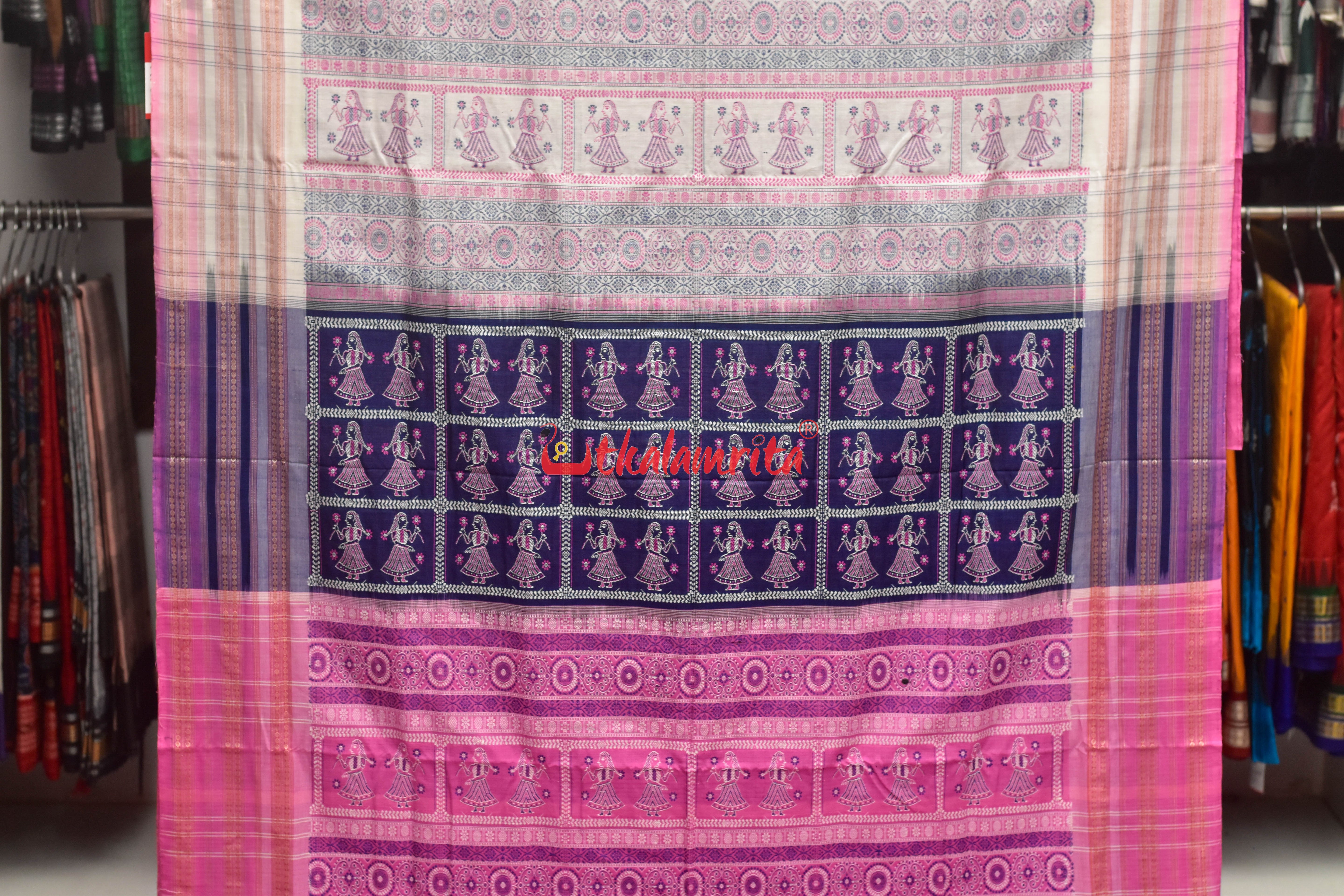 Ink Blue Pink Border Double Doll Bomkai Cotton Saree