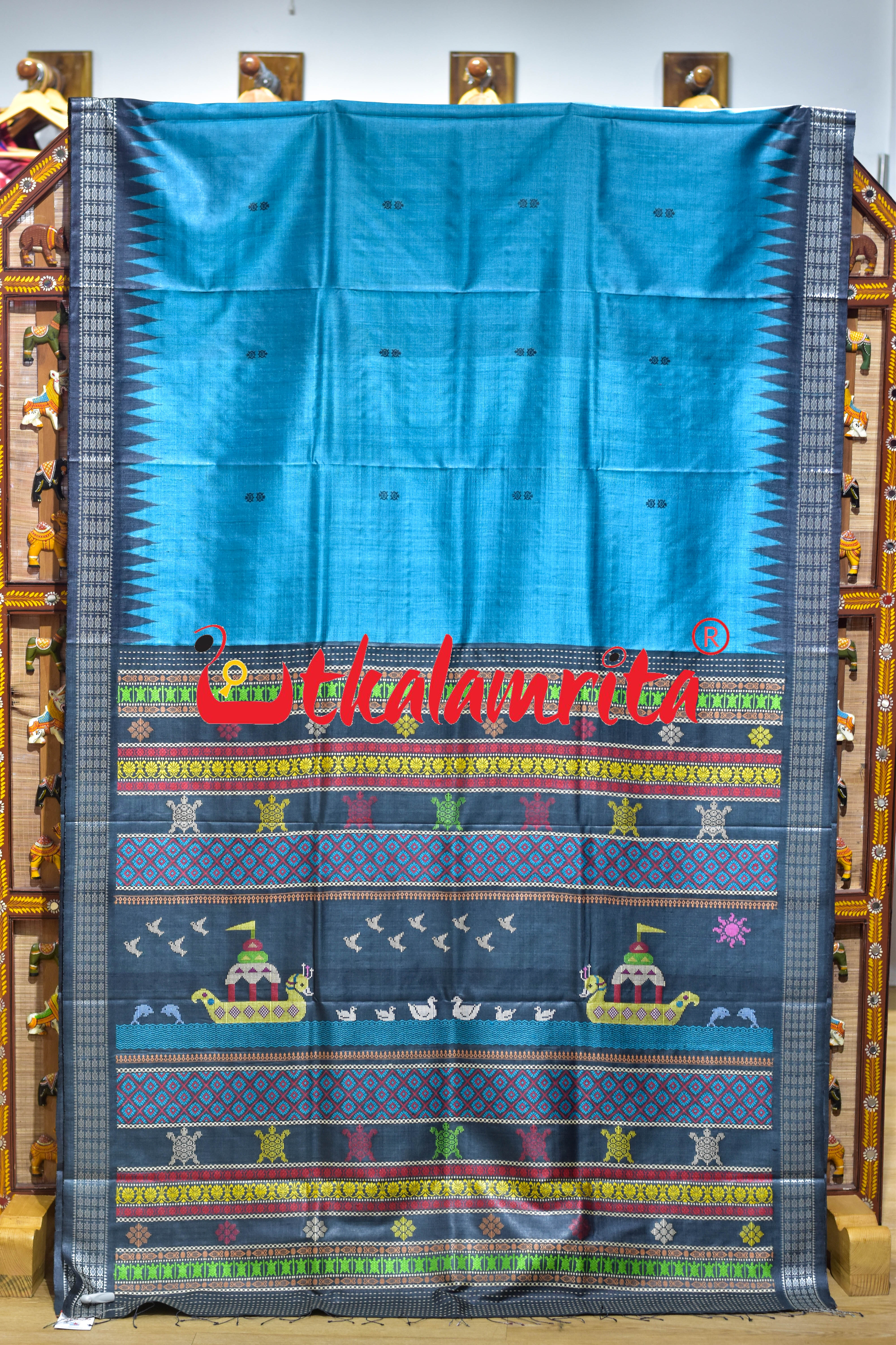Boita Olive Ridley Blue Black Tussar Silk Saree