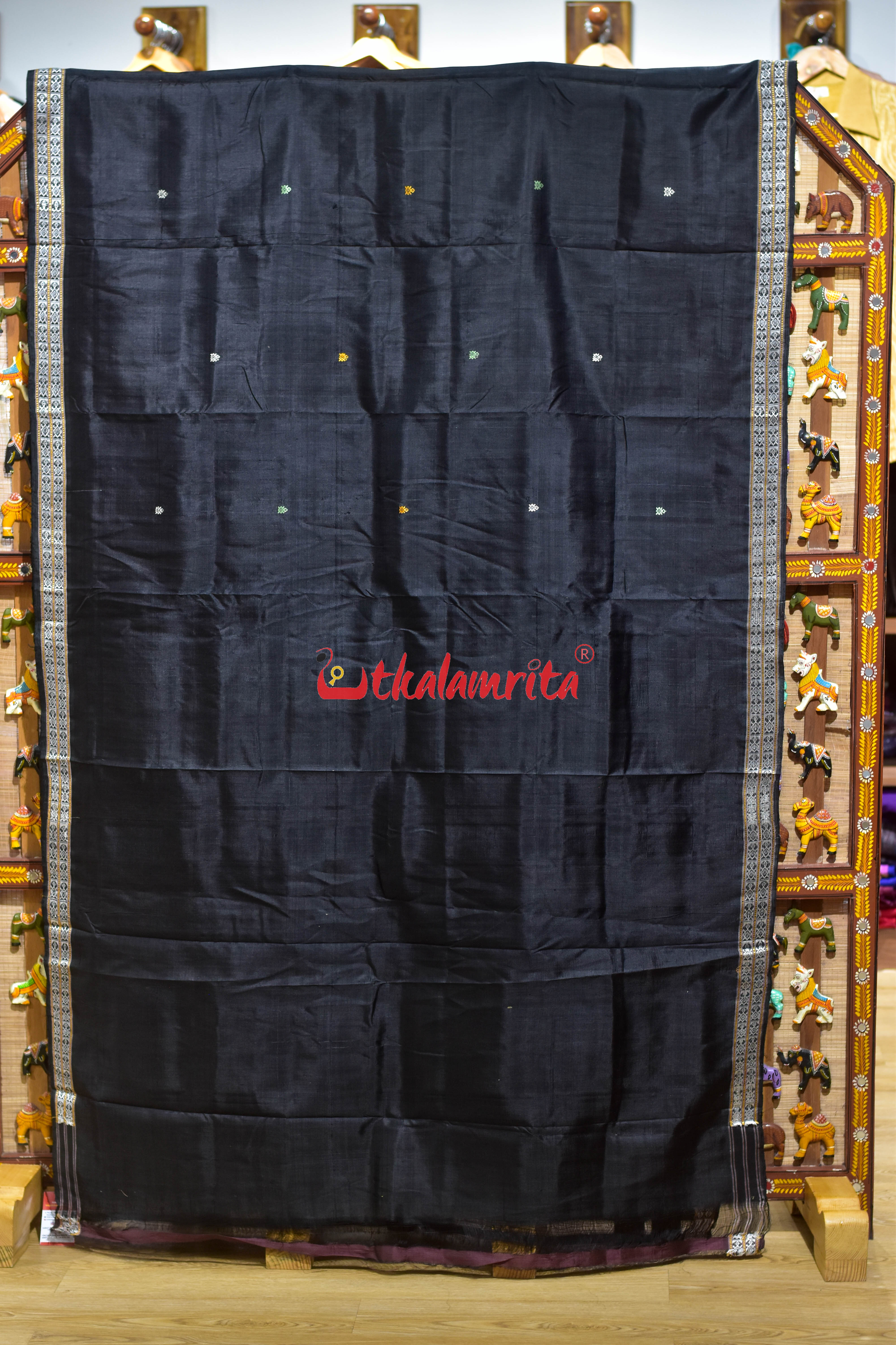 Self Black Turtle Buti Wedding Aanchal Khandua Silk Saree