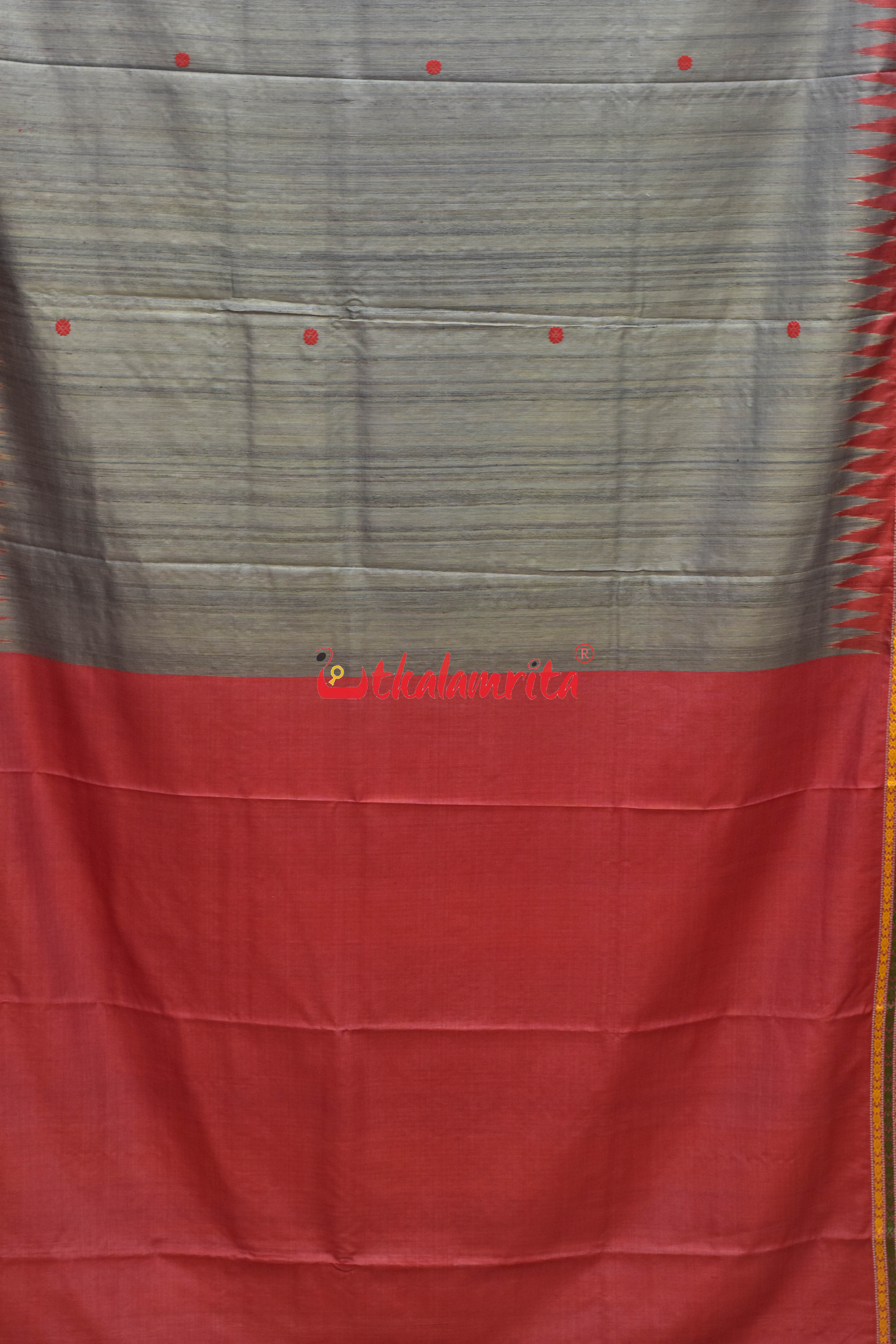 Grey Red Tortoise Border Jaala Anchal Tussar Saree