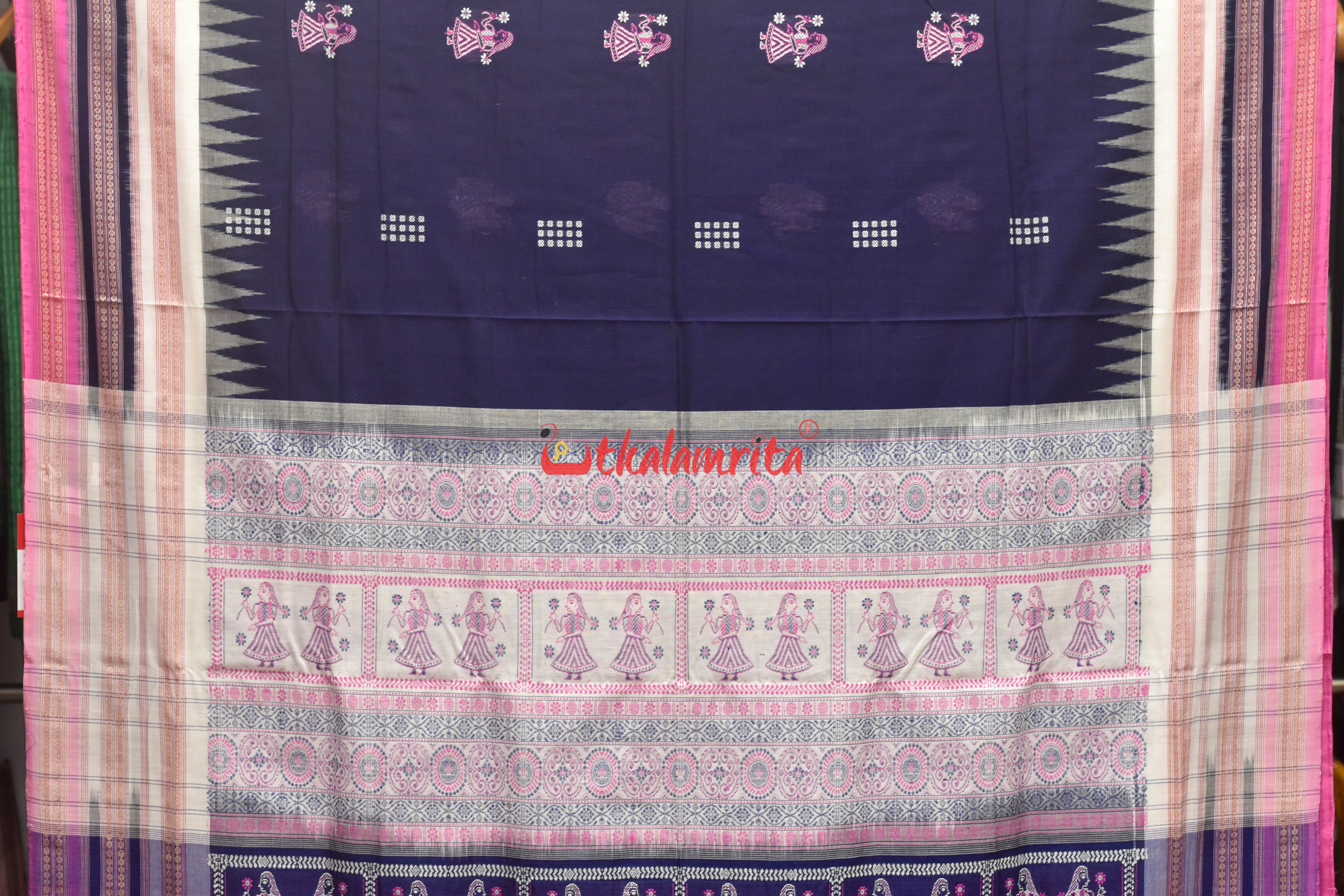 Ink Blue Pink Border Double Doll Bomkai Cotton Saree