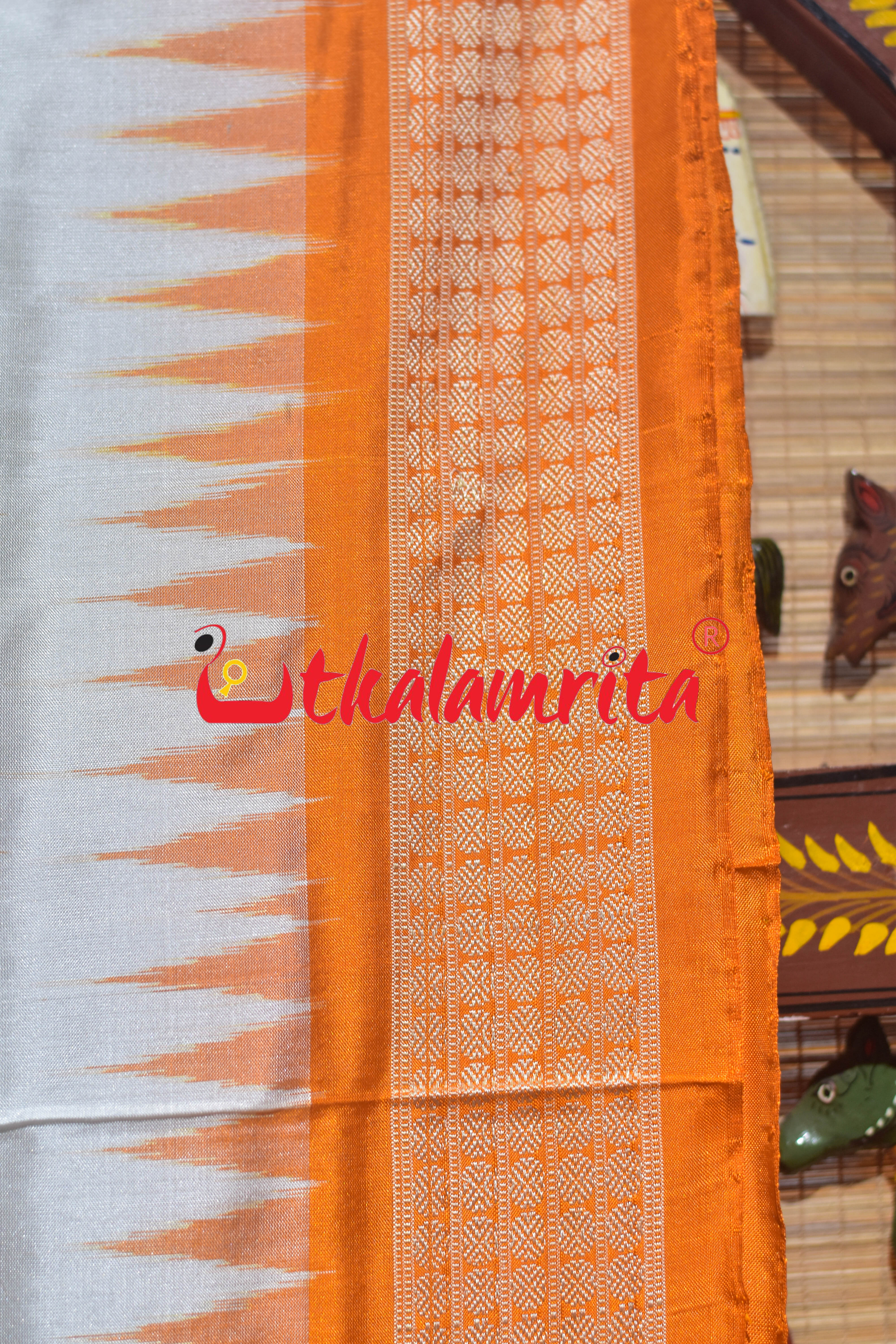 White Orange Mukuta Bomkai Silk Saree