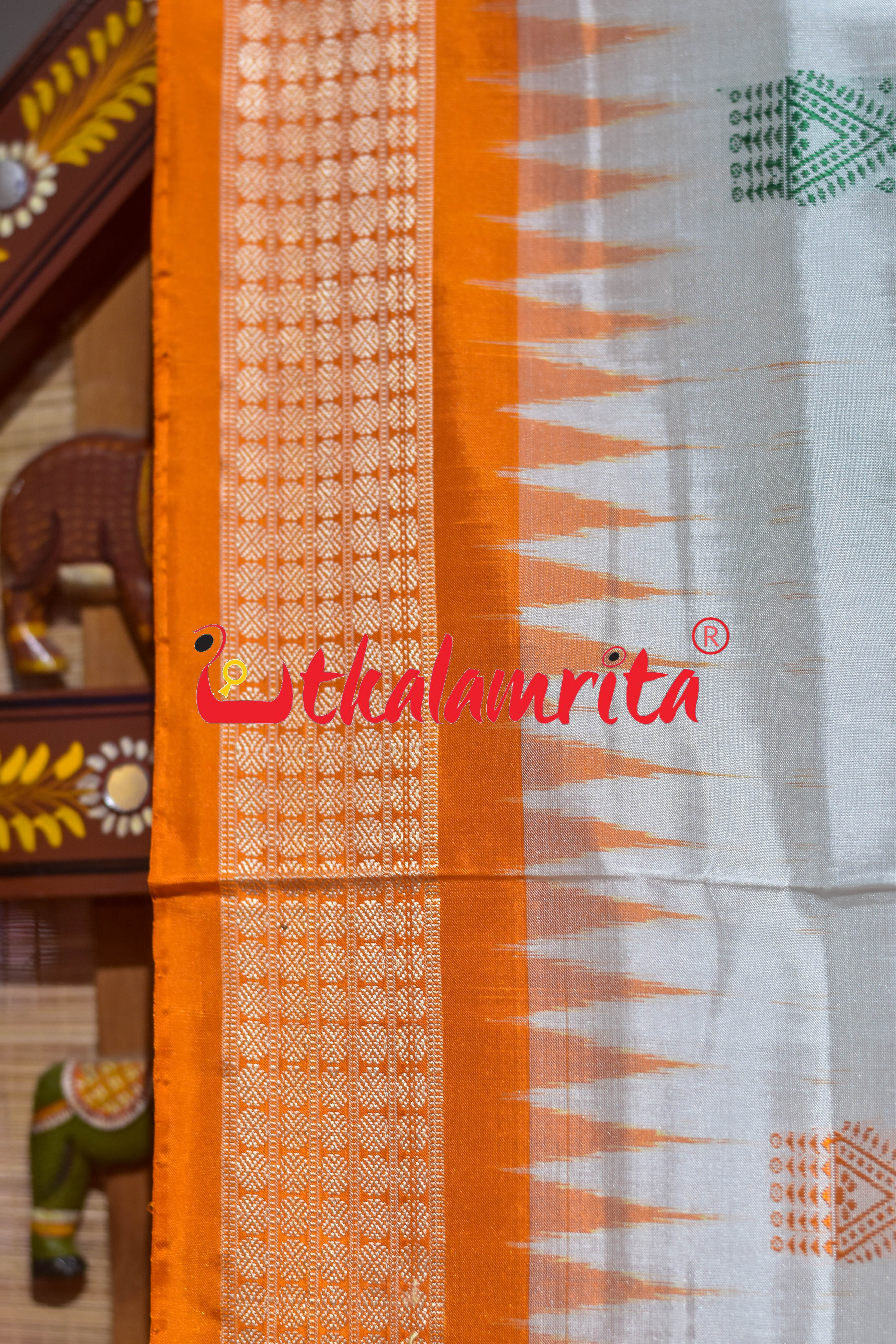 White Orange Mukuta Bomkai Silk Saree
