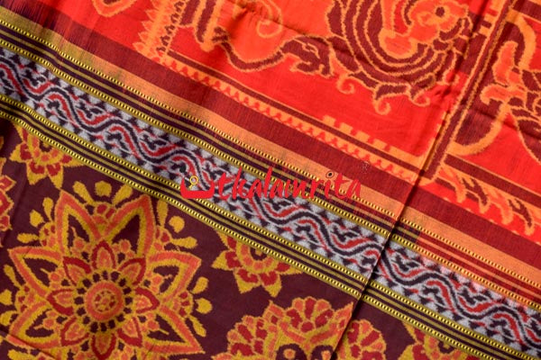 Big Haathi Lions Dancers Orange Sambalpuri Cotton Saree