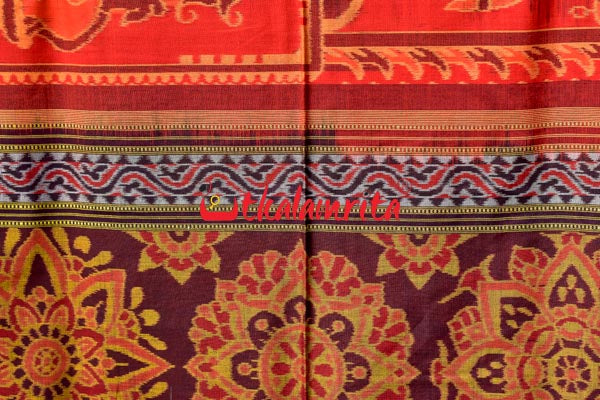 Big Haathi Lions Dancers Orange Sambalpuri Cotton Saree