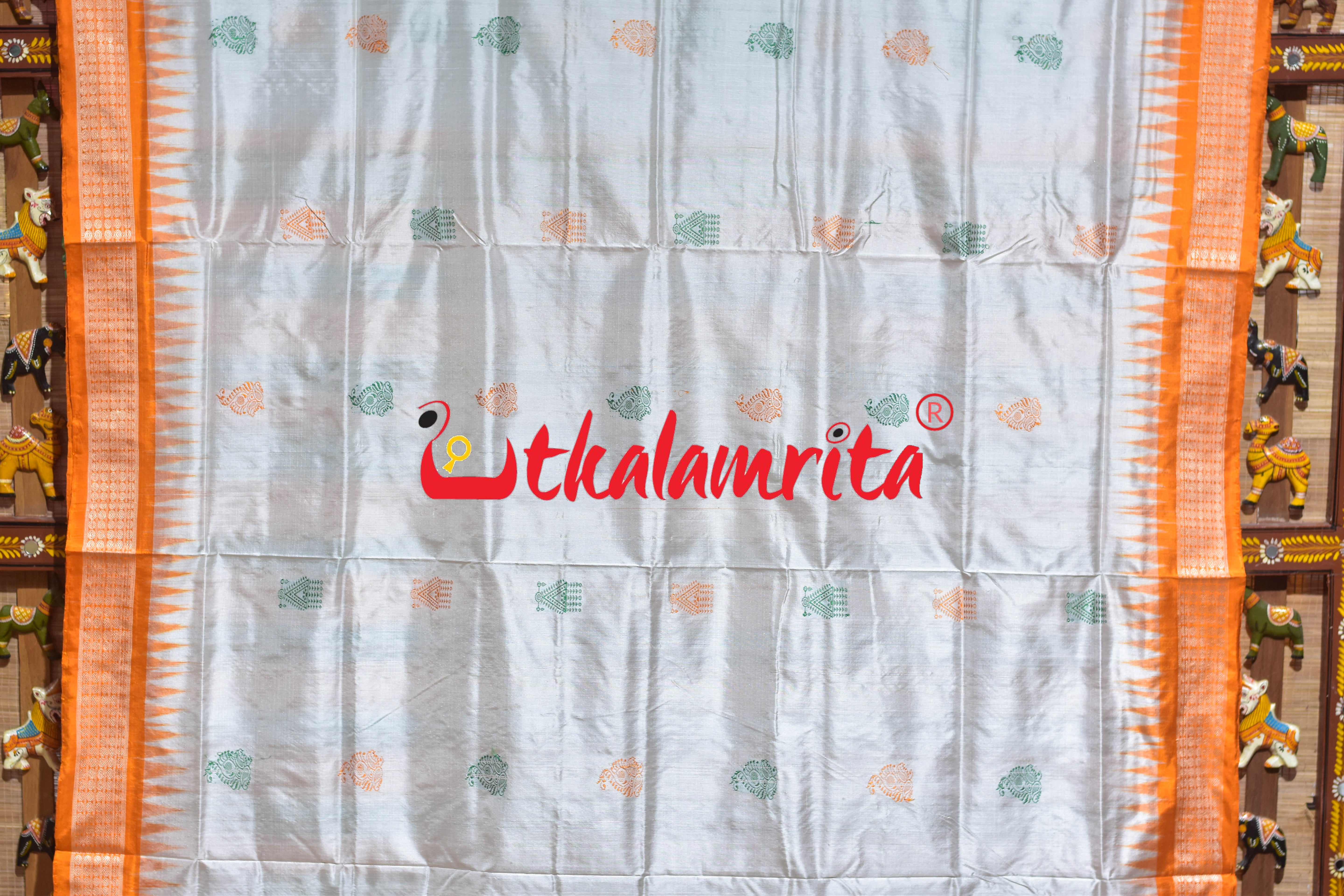 White Orange Mukuta Bomkai Silk Saree