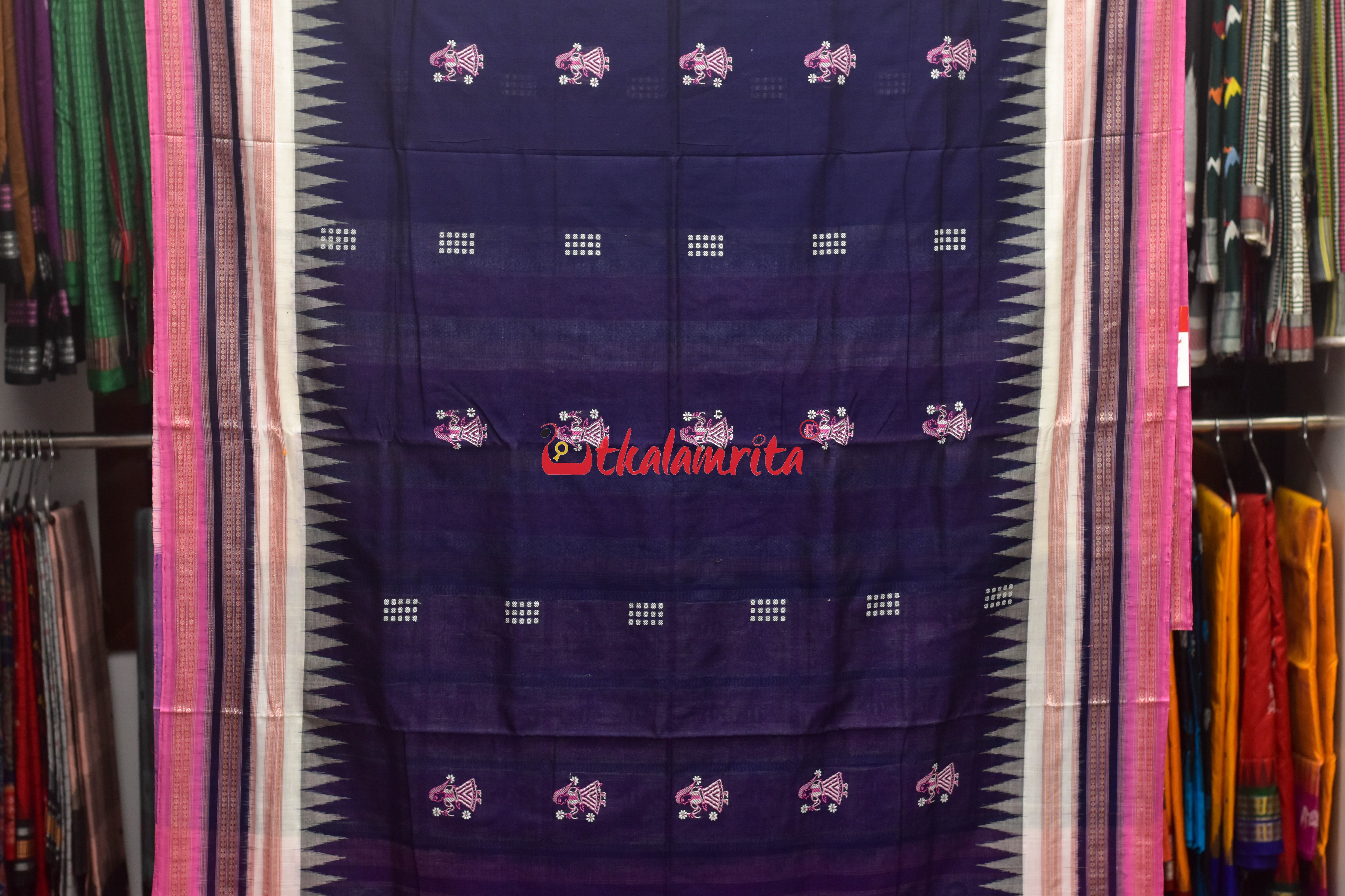 Ink Blue Pink Border Double Doll Bomkai Cotton Saree