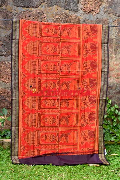 Big Haathi Lions Dancers Orange Sambalpuri Cotton Saree