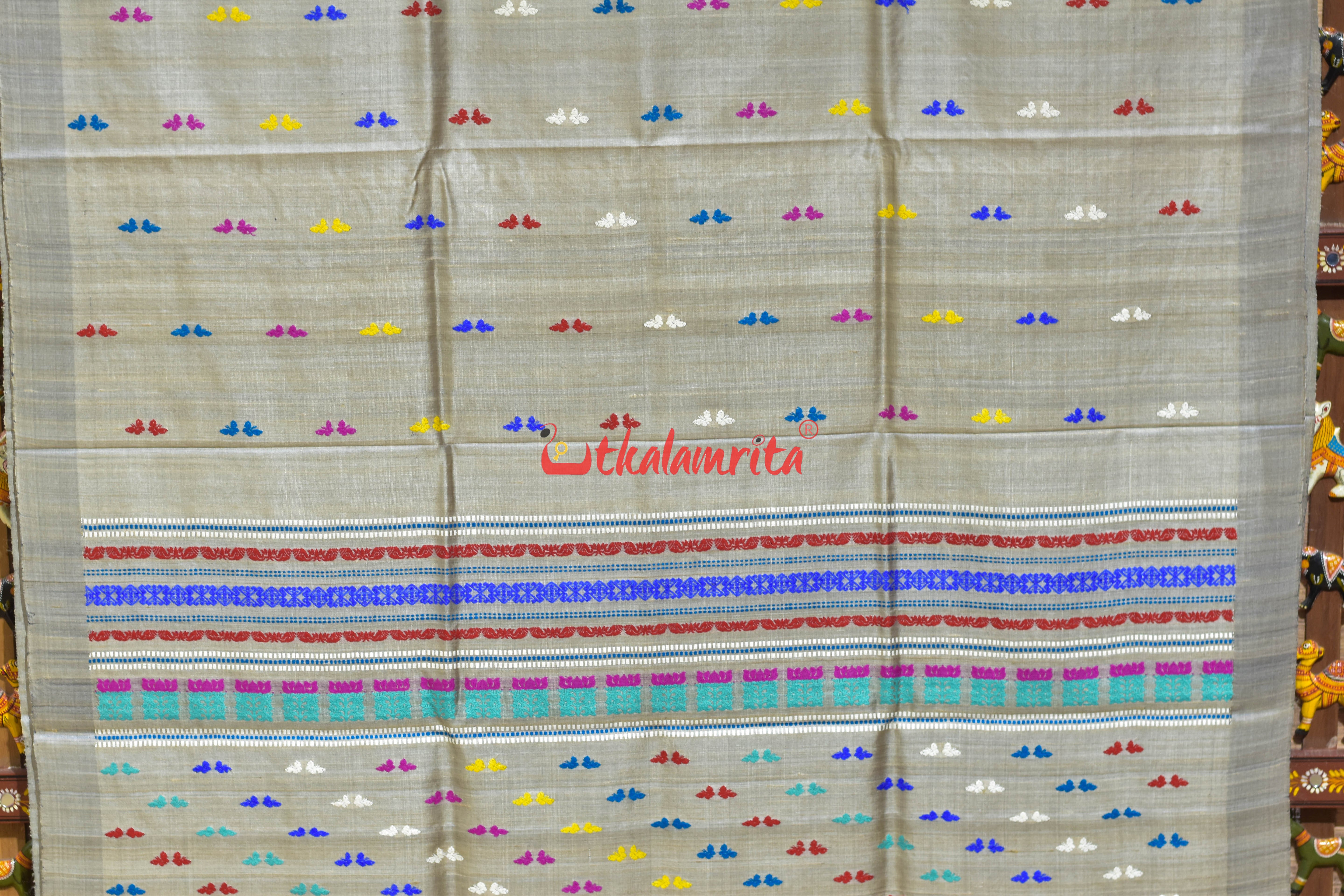Smoke Grey Butterfly Buti Gopalpur Tussar Silk Saree