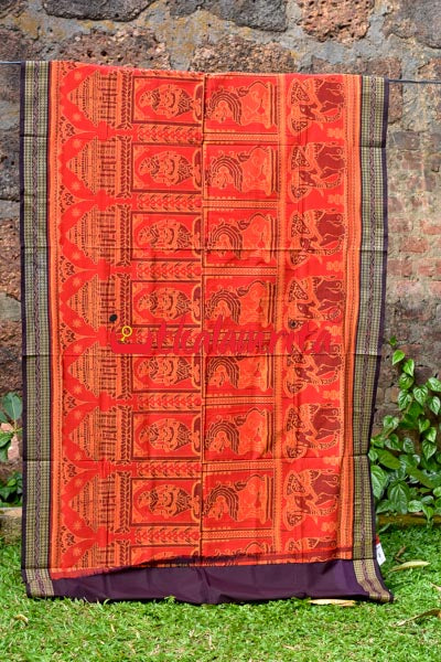 Big Haathi Lions Dancers Orange Sambalpuri Cotton Saree