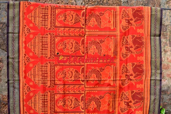 Big Haathi Lions Dancers Orange Sambalpuri Cotton Saree