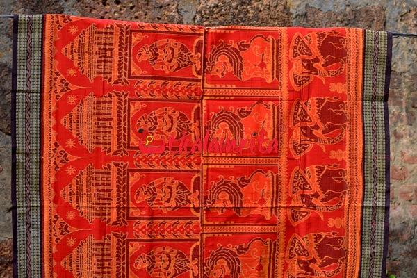 Big Haathi Lions Dancers Orange Sambalpuri Cotton Saree