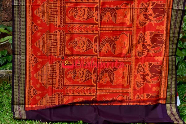Big Haathi Lions Dancers Orange Sambalpuri Cotton Saree