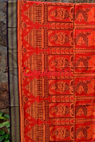 Big Haathi Lions Dancers Orange Sambalpuri Cotton Saree