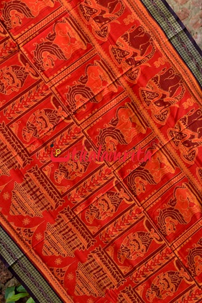 Big Haathi Lions Dancers Orange Sambalpuri Cotton Saree