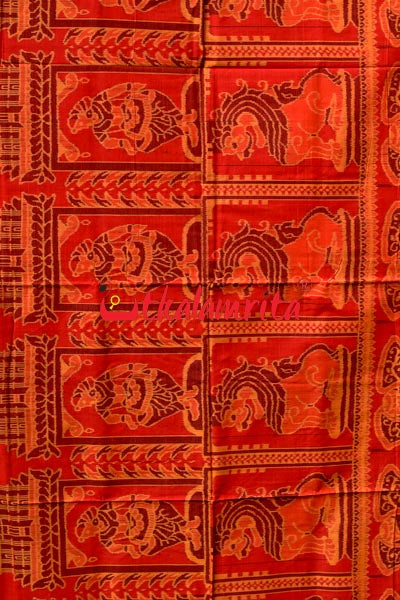 Big Haathi Lions Dancers Orange Sambalpuri Cotton Saree
