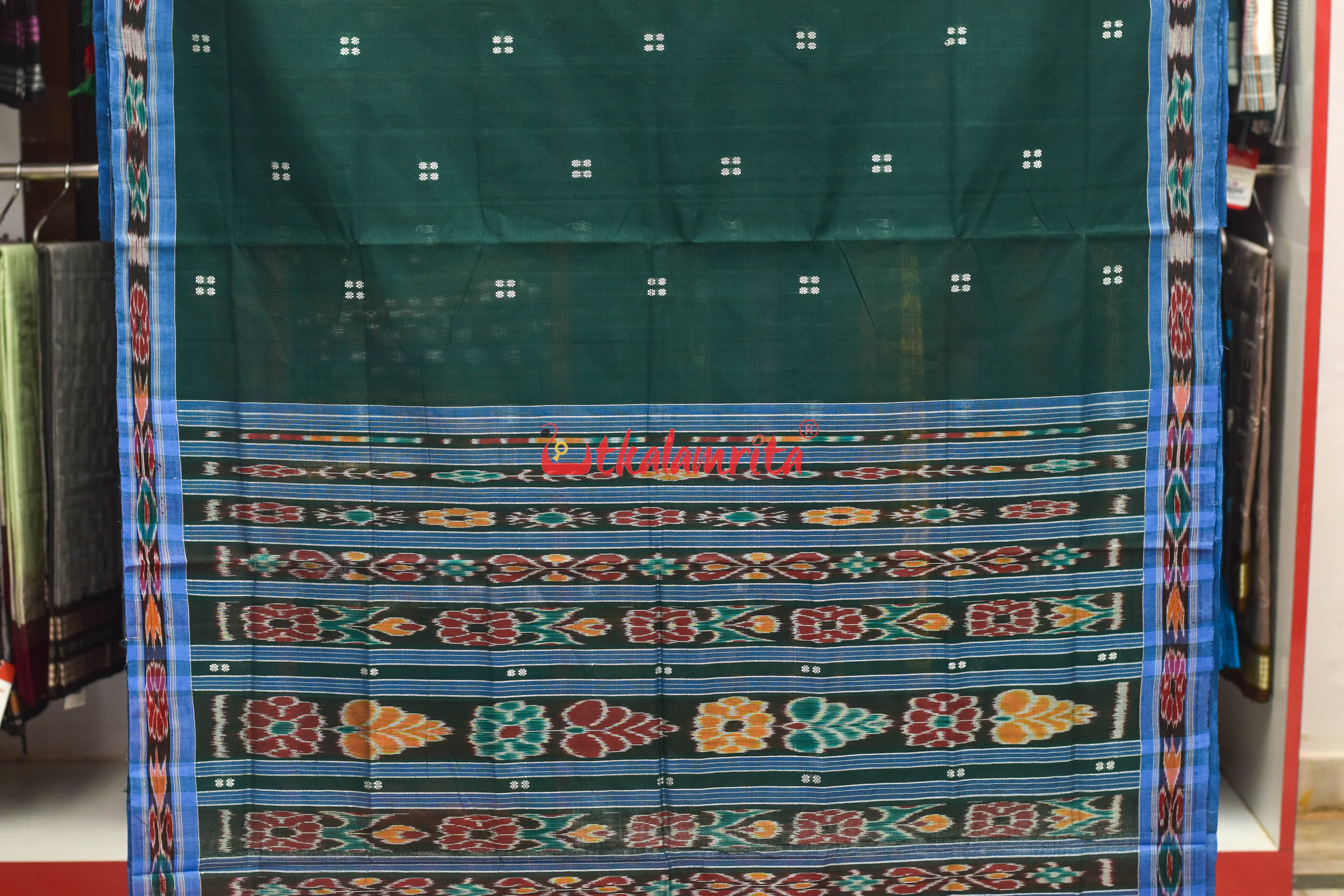 Bottle Green Sky Pittala Single Cotton Saree