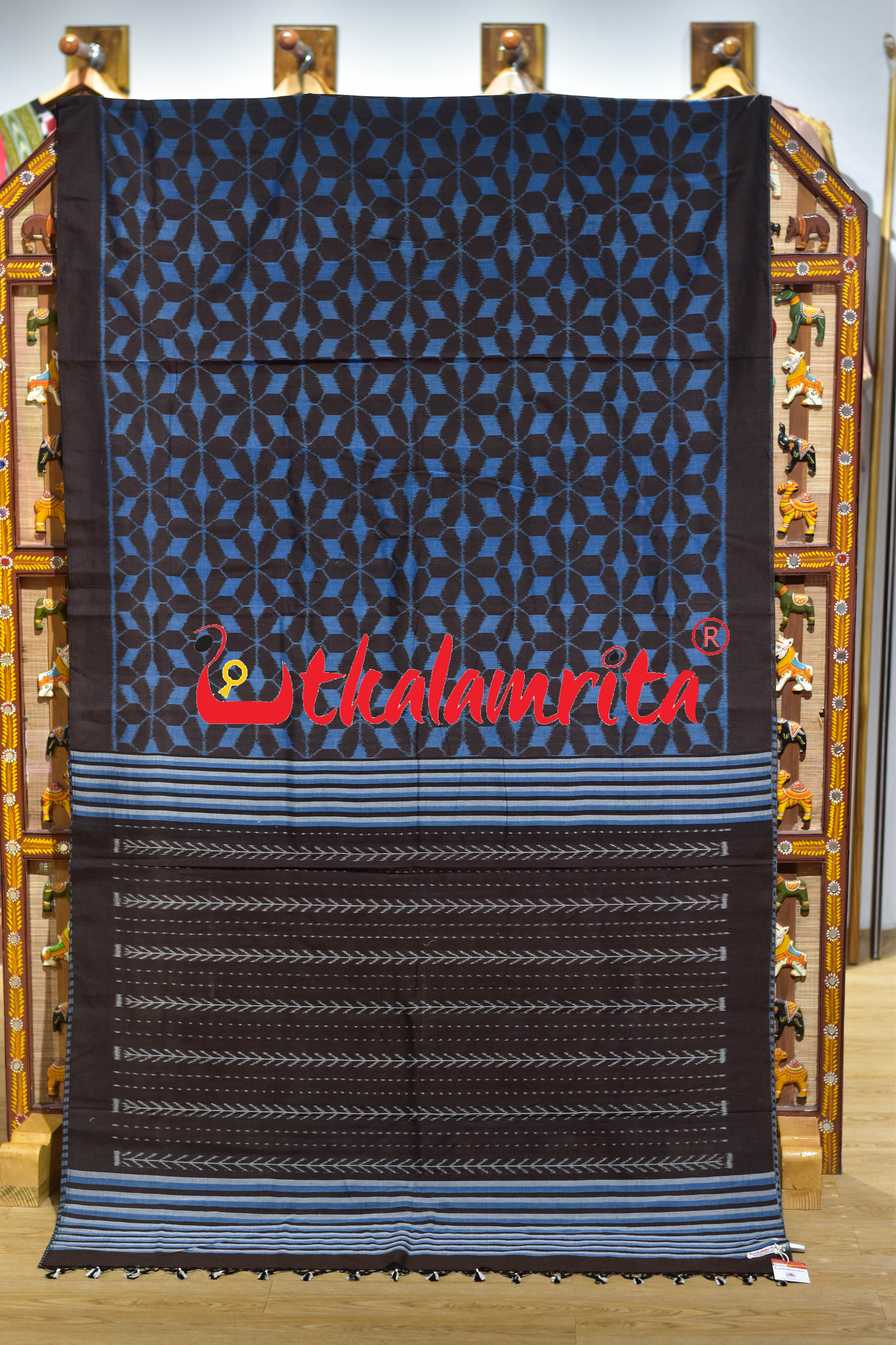 Hexagon Flower Coffee Blue Khandua Cotton Saree
