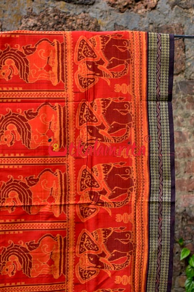 Big Haathi Lions Dancers Orange Sambalpuri Cotton Saree