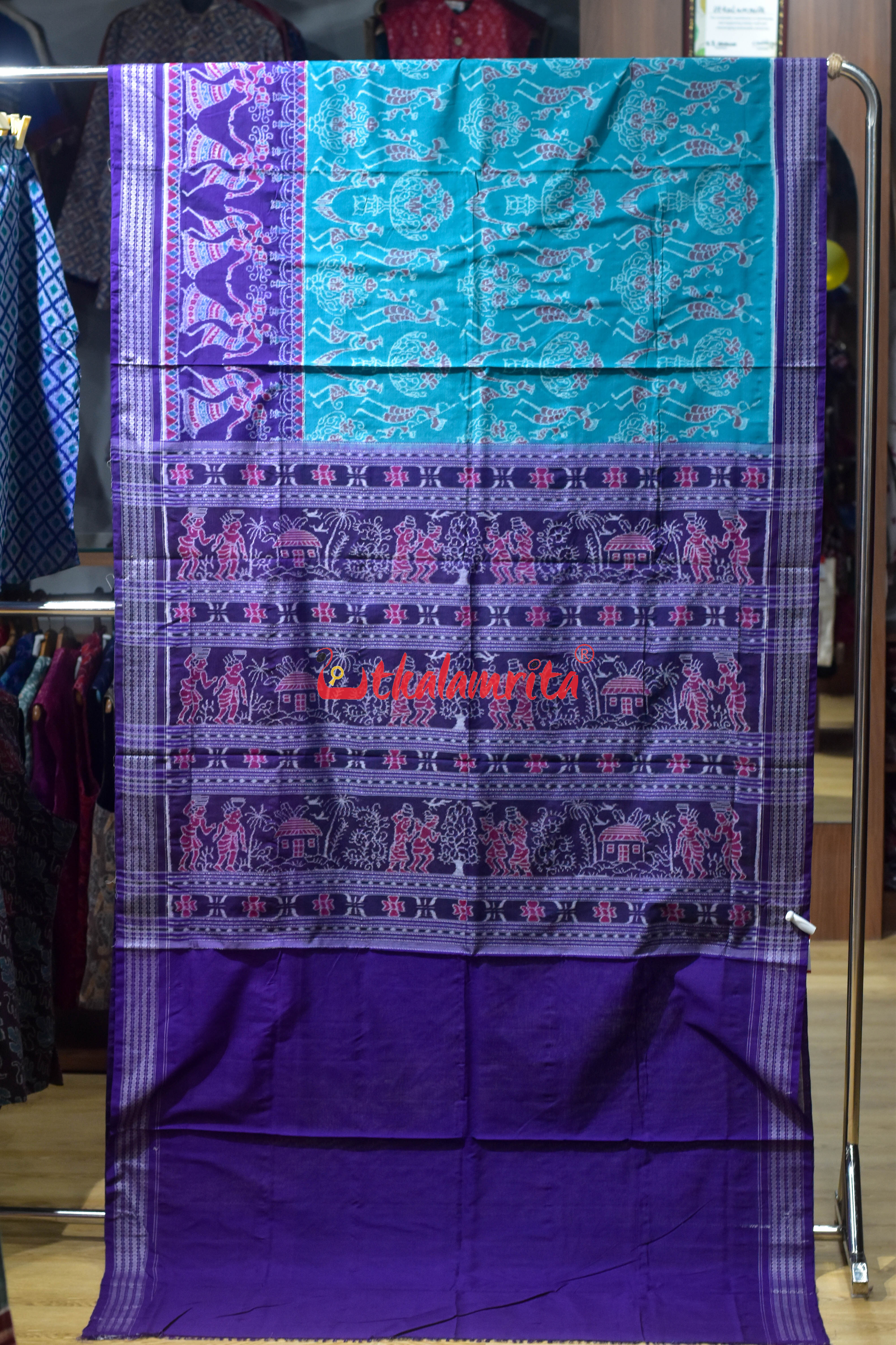 Sea Green Purple Adibasi Sambalpuri Cotton Saree