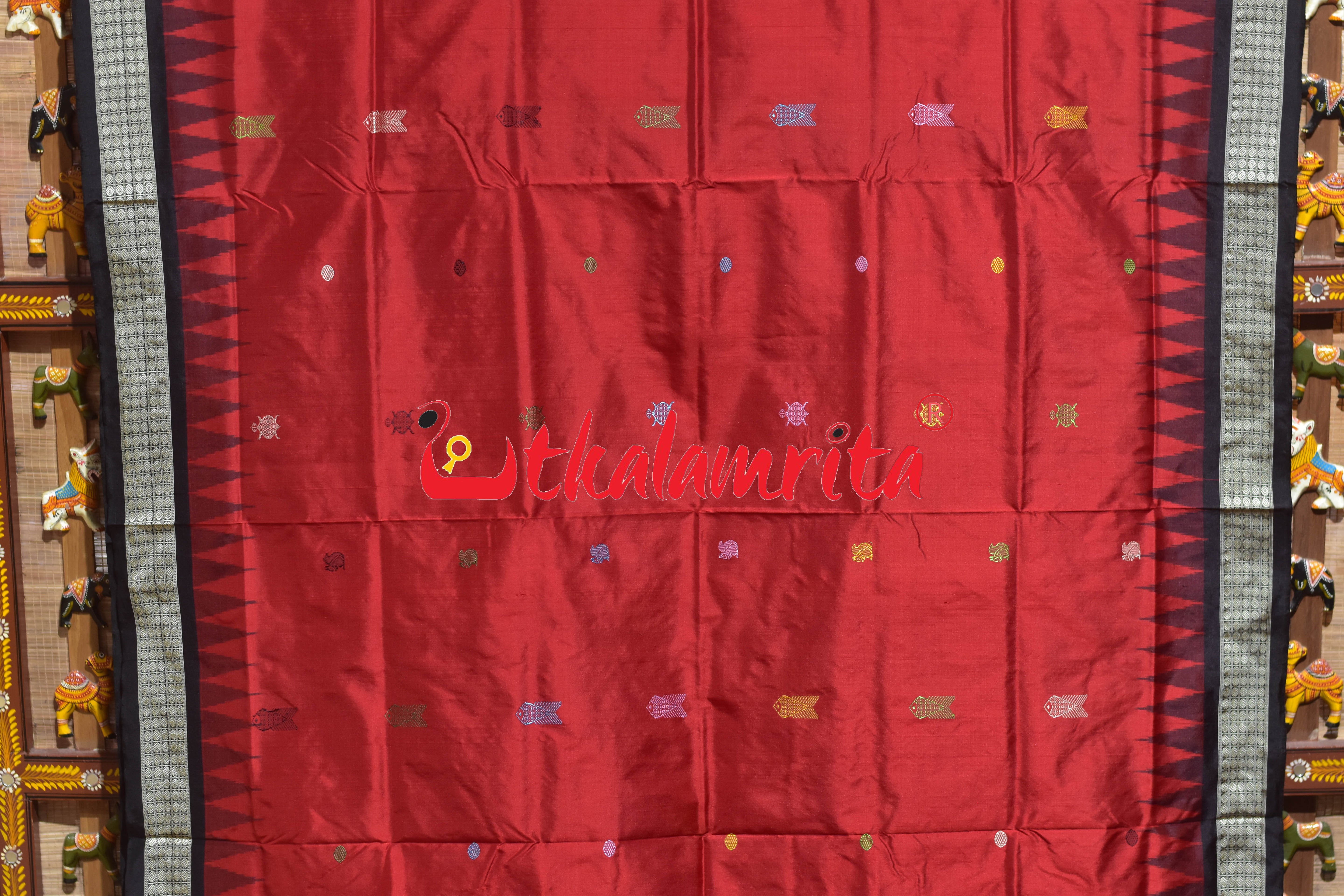Rama Setu Red Black Bomkai Silk Saree