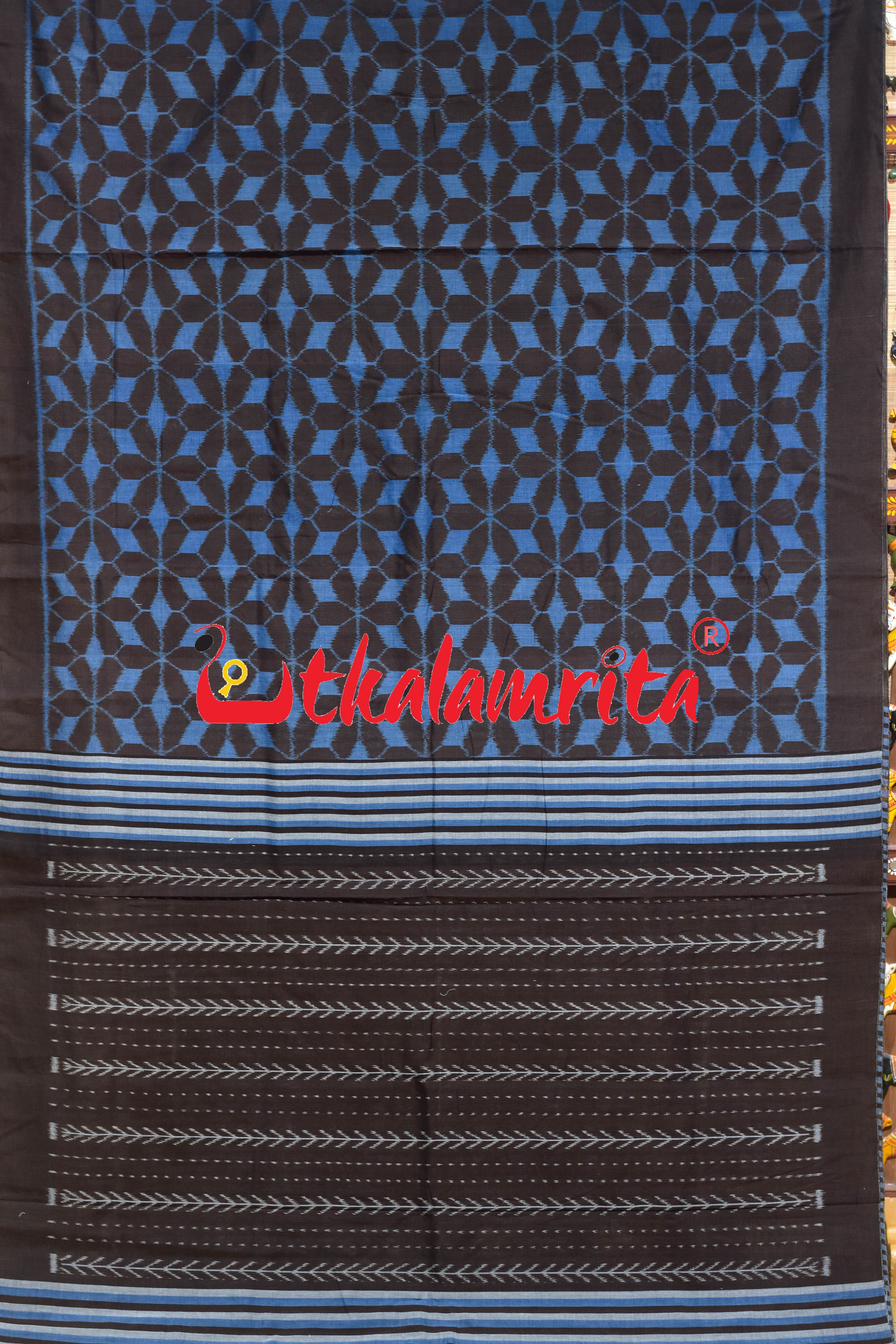 Hexagon Flower Coffee Blue Khandua Cotton Saree