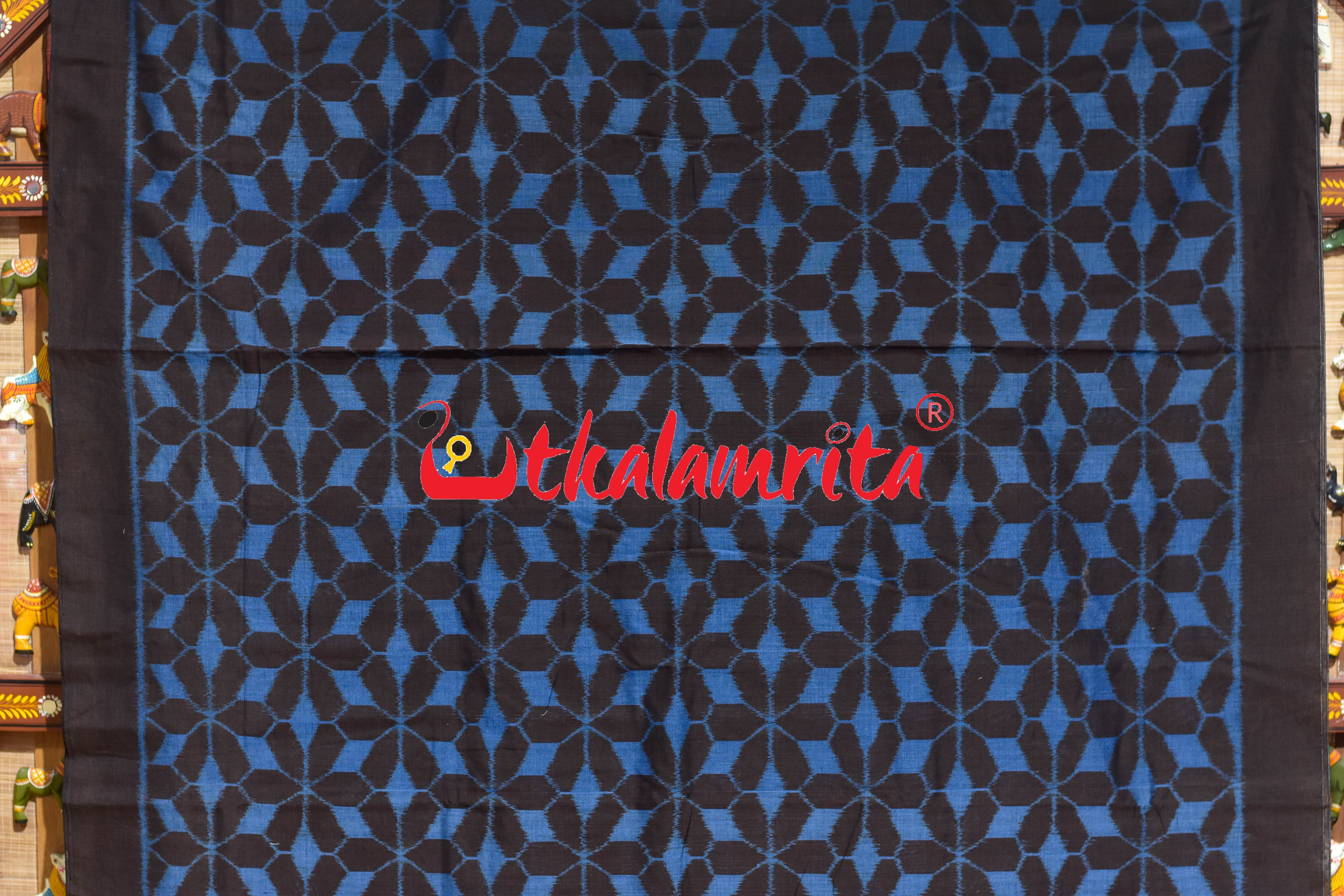 Hexagon Flower Coffee Blue Khandua Cotton Saree
