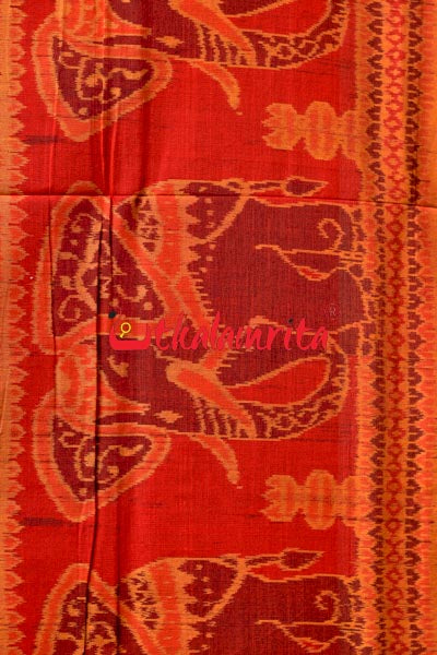 Big Haathi Lions Dancers Orange Sambalpuri Cotton Saree