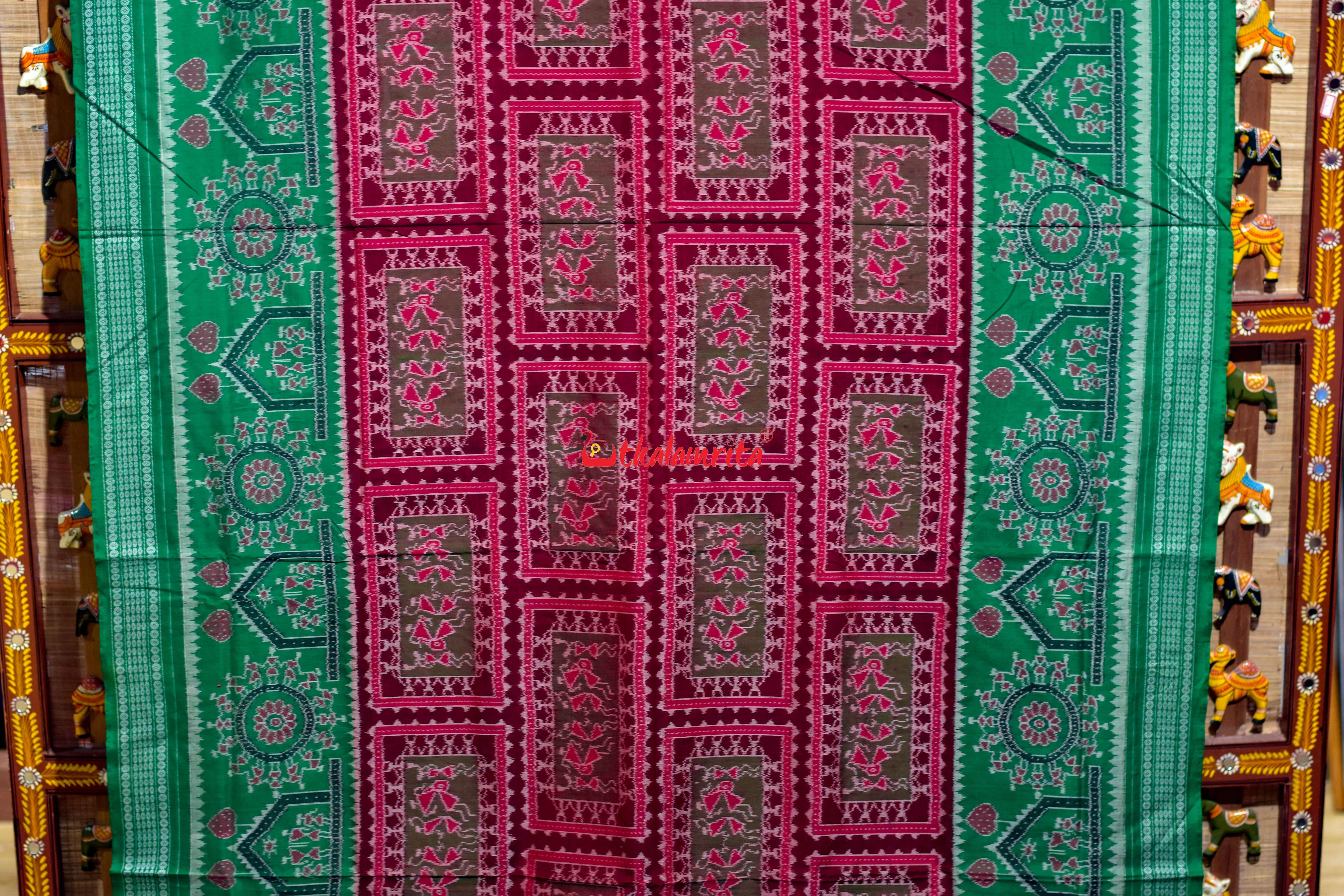 Red Green Tribal Chakra Sambalpuri Cotton Saree