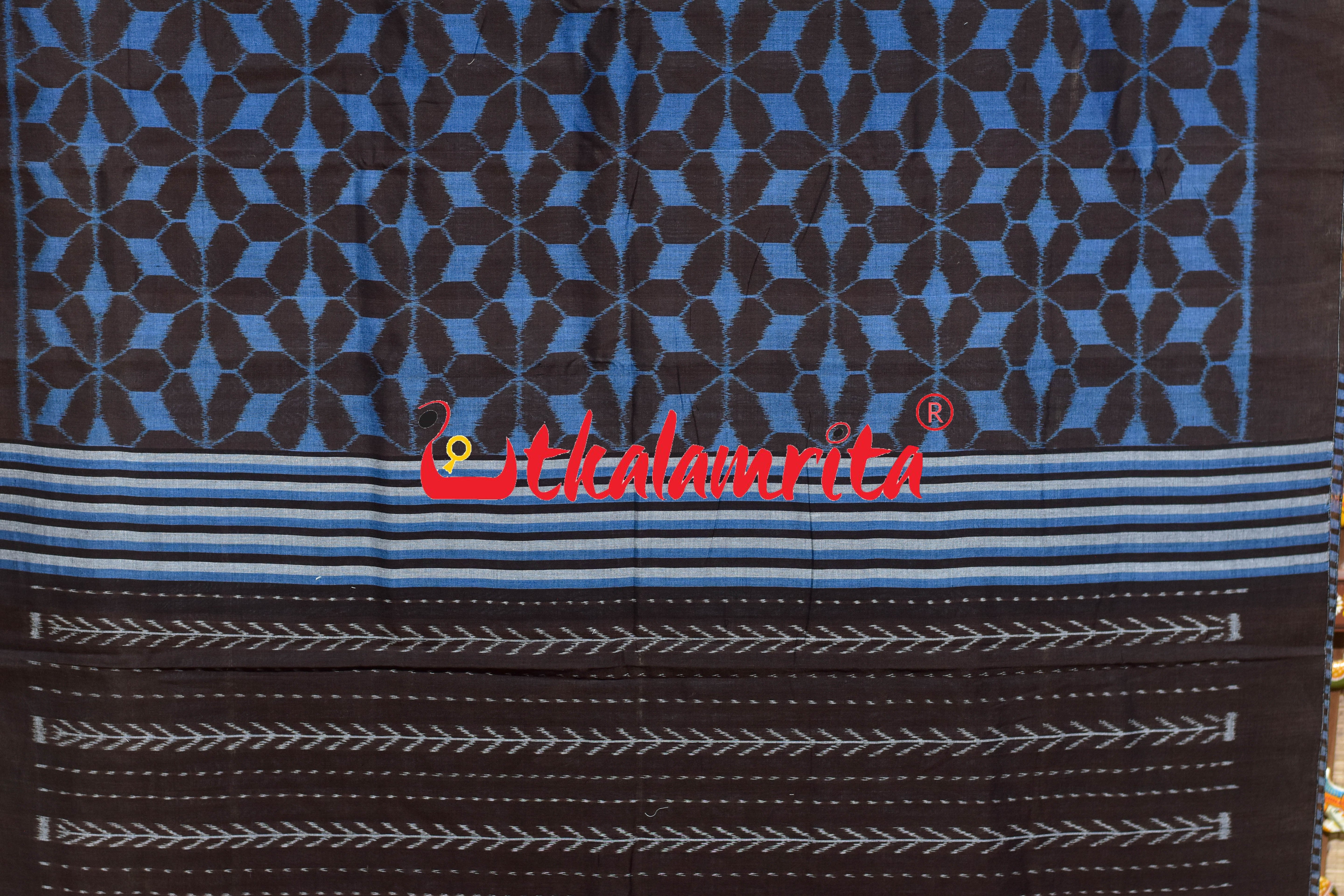 Hexagon Flower Coffee Blue Khandua Cotton Saree