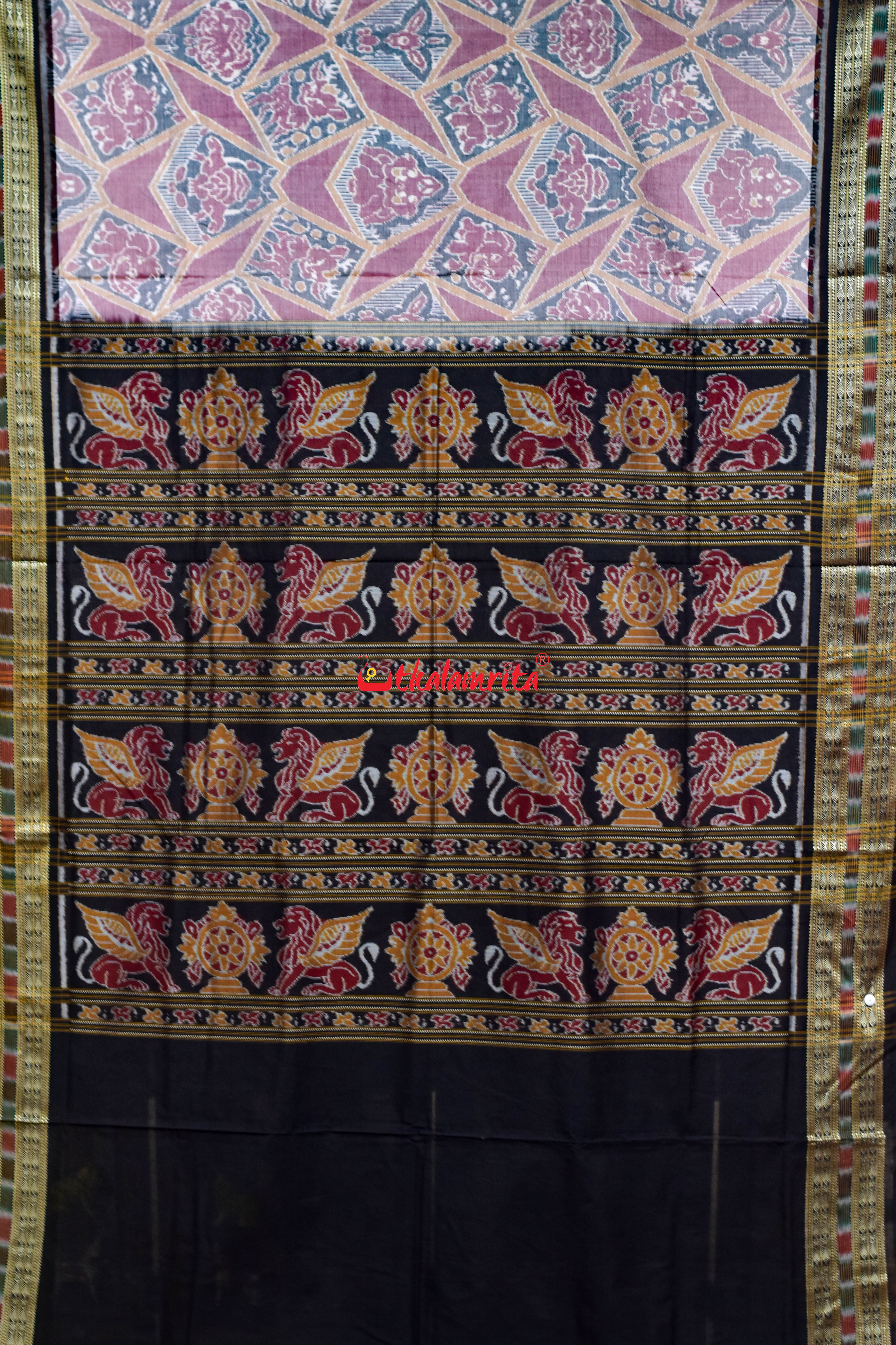 Pink Black baby Elephant Sambalpuri Cotton Saree