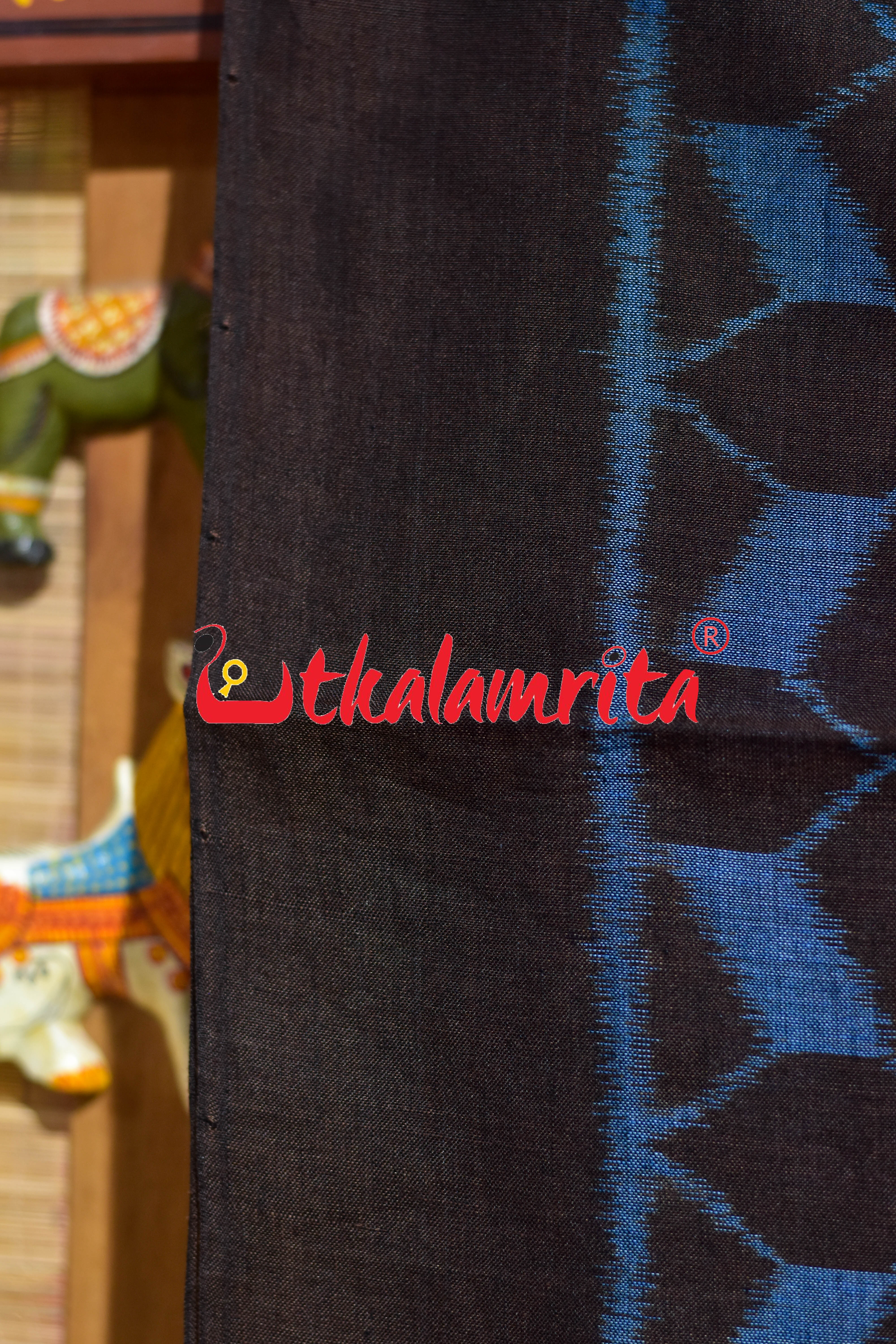 Hexagon Flower Coffee Blue Khandua Cotton Saree