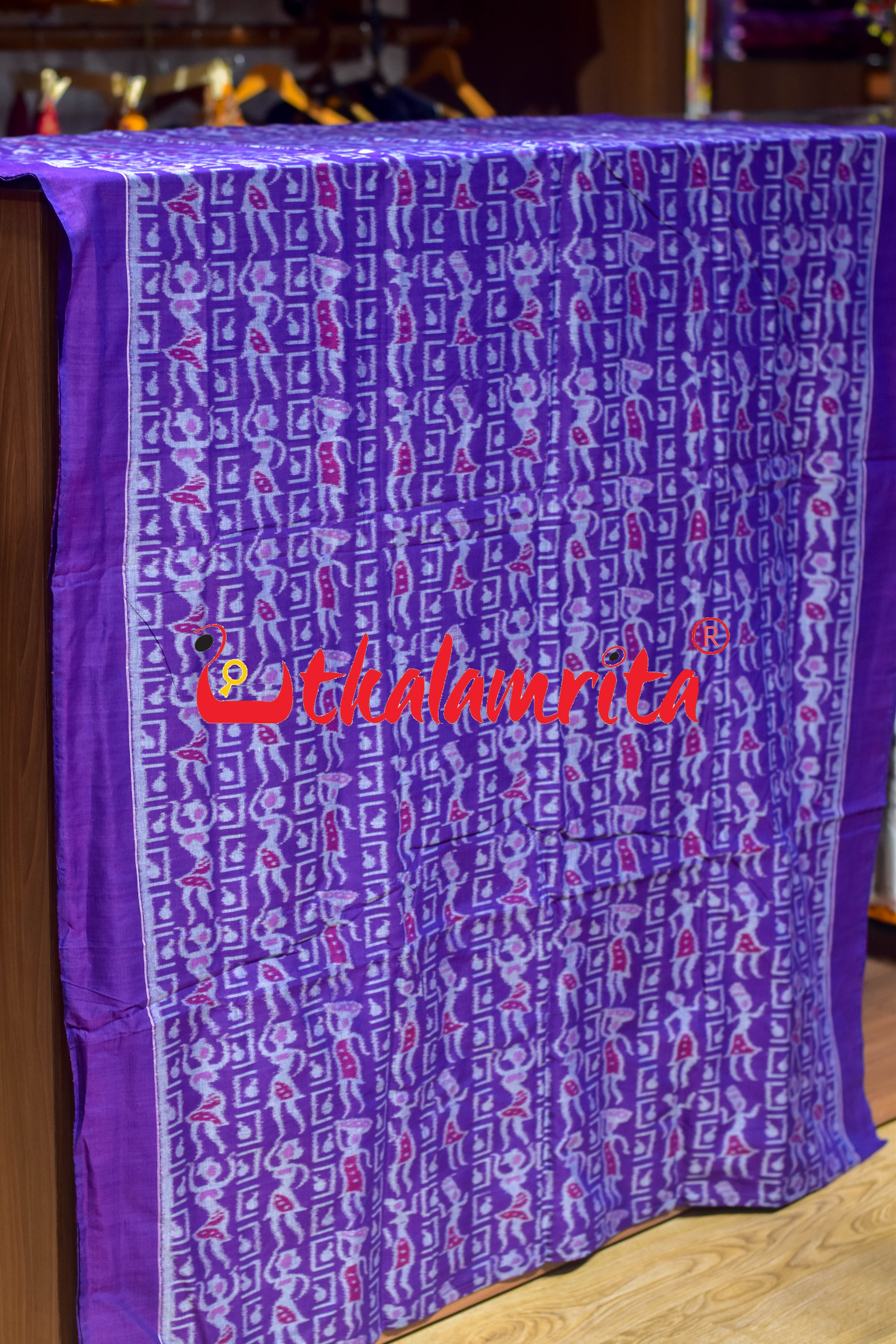 Purple Dancing Tribals Sambalpuri Cotton (Fabric)