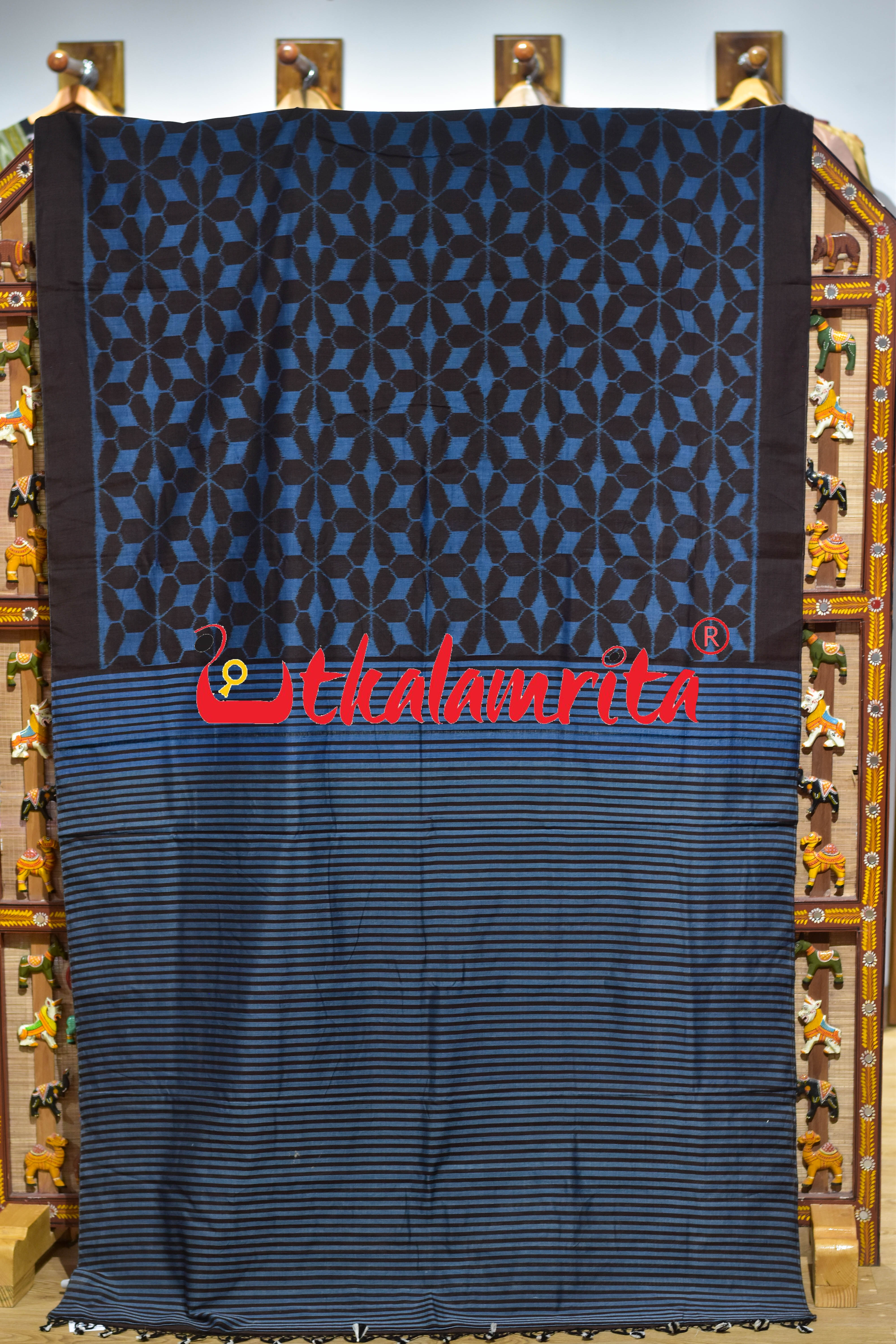 Hexagon Flower Coffee Blue Khandua Cotton Saree