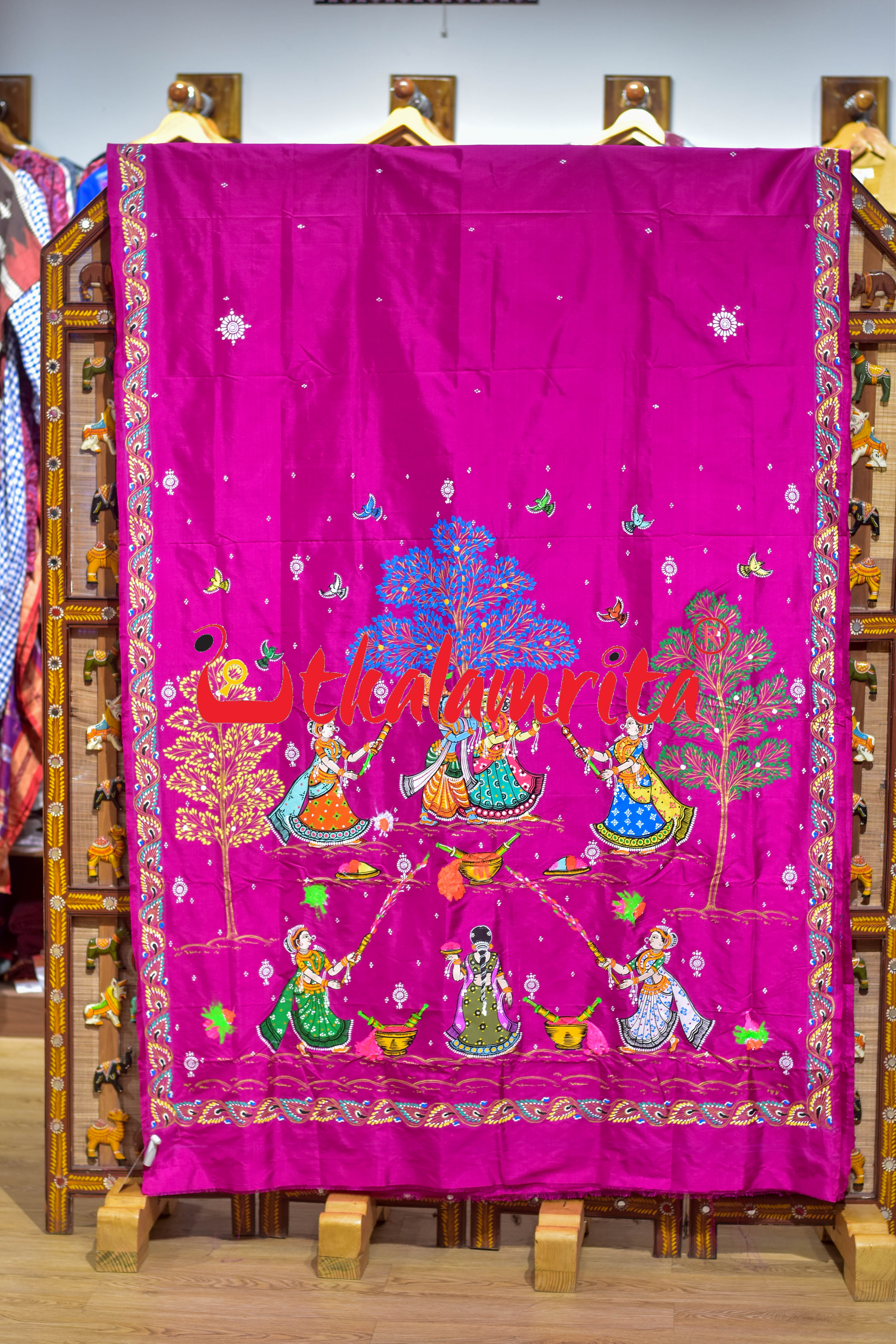 Pink Holi Theme Pattachitra Silk Saree