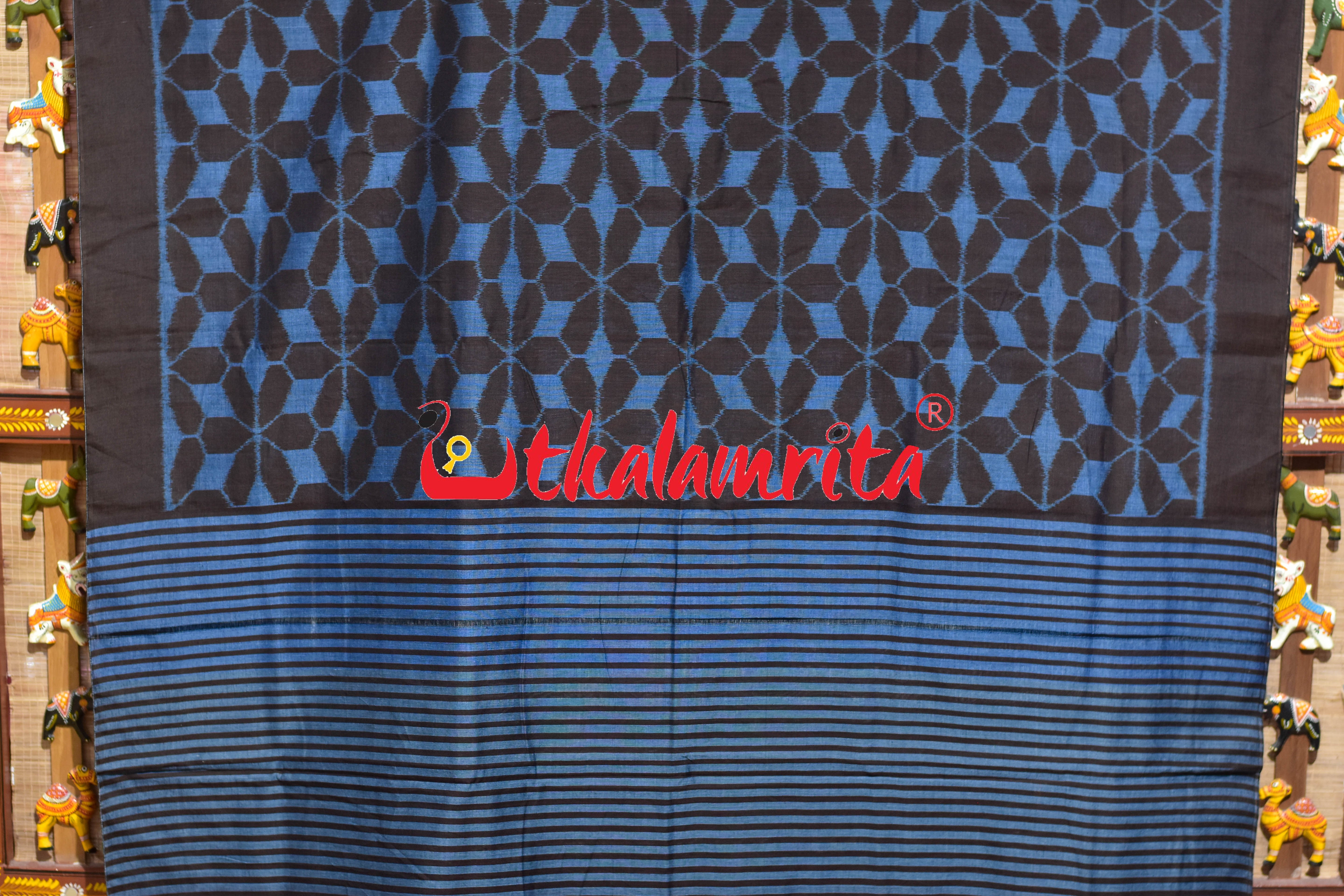 Hexagon Flower Coffee Blue Khandua Cotton Saree