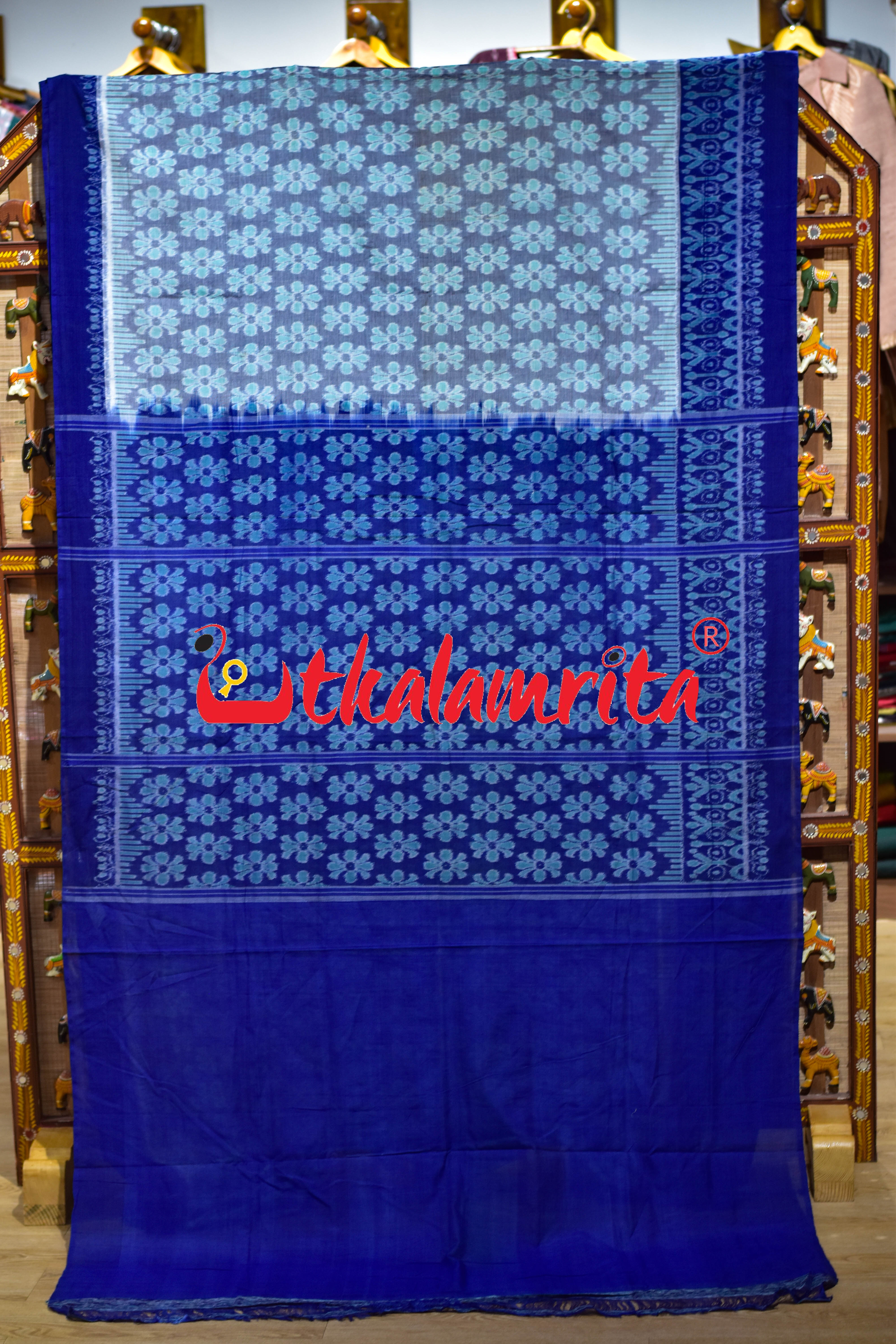 Grey Blue Flower Sambalpuri Cotton Saree