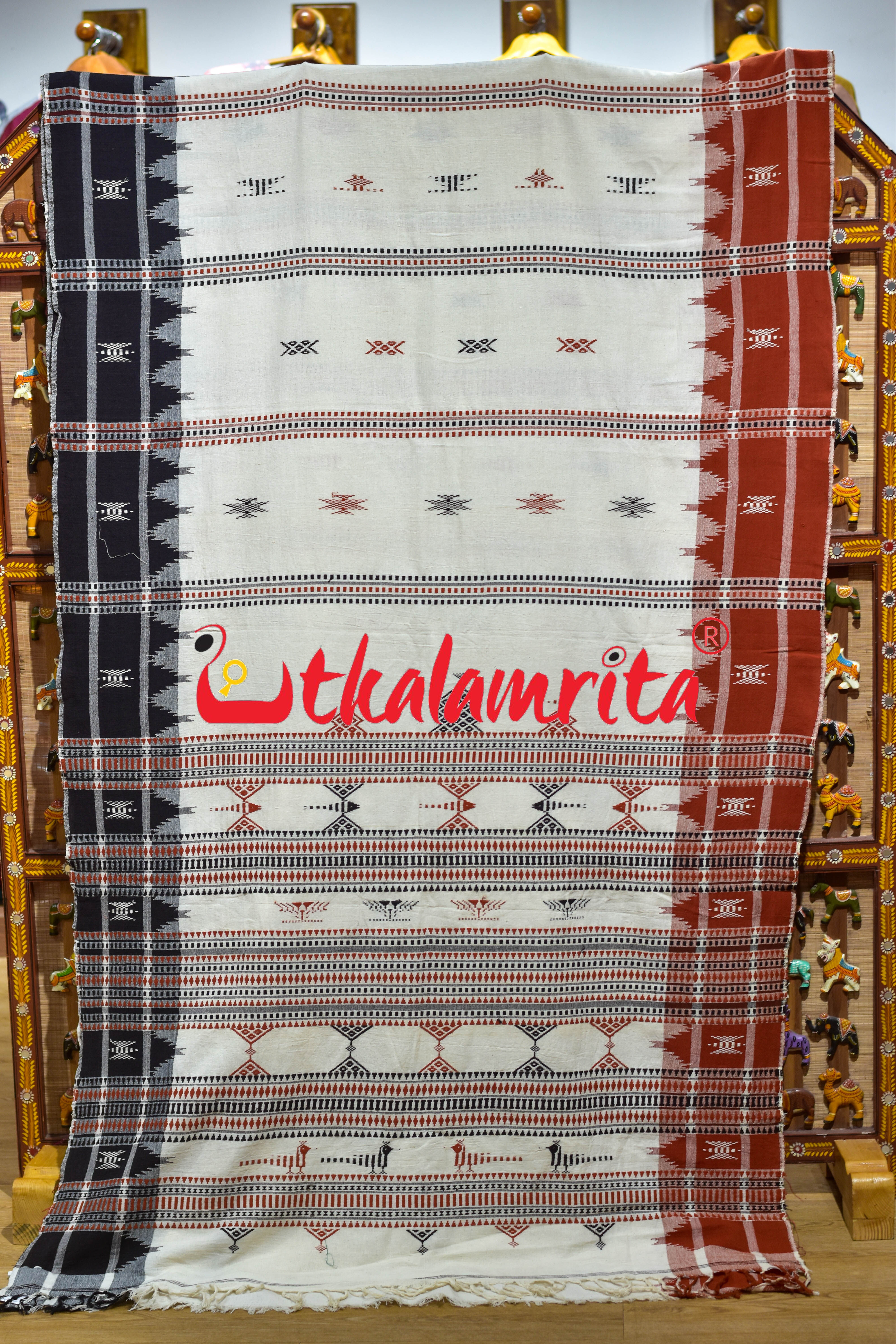 Off White Black Temple Design Kotpad Cotton Saree