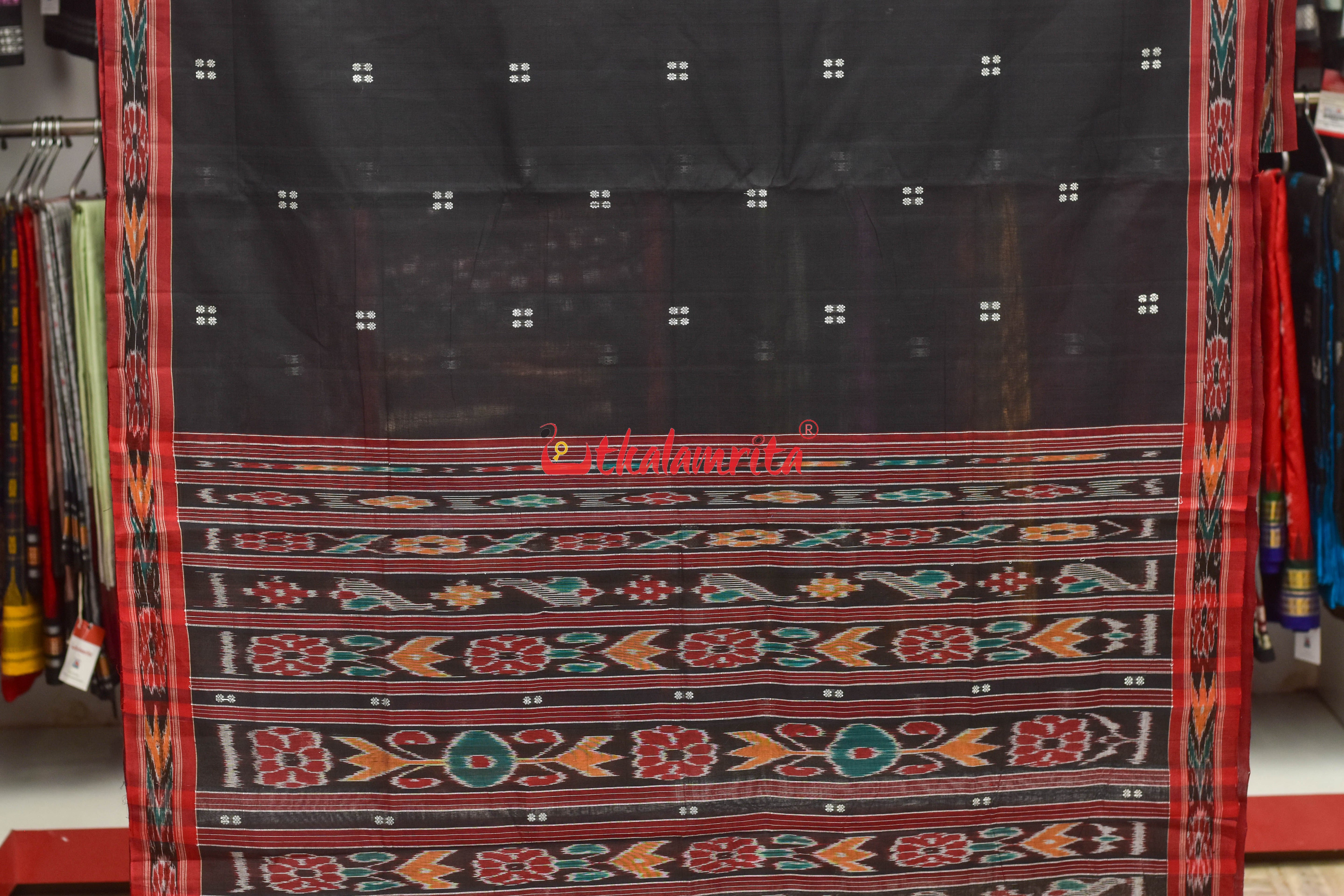 Black Red Pittala Single Cotton Saree