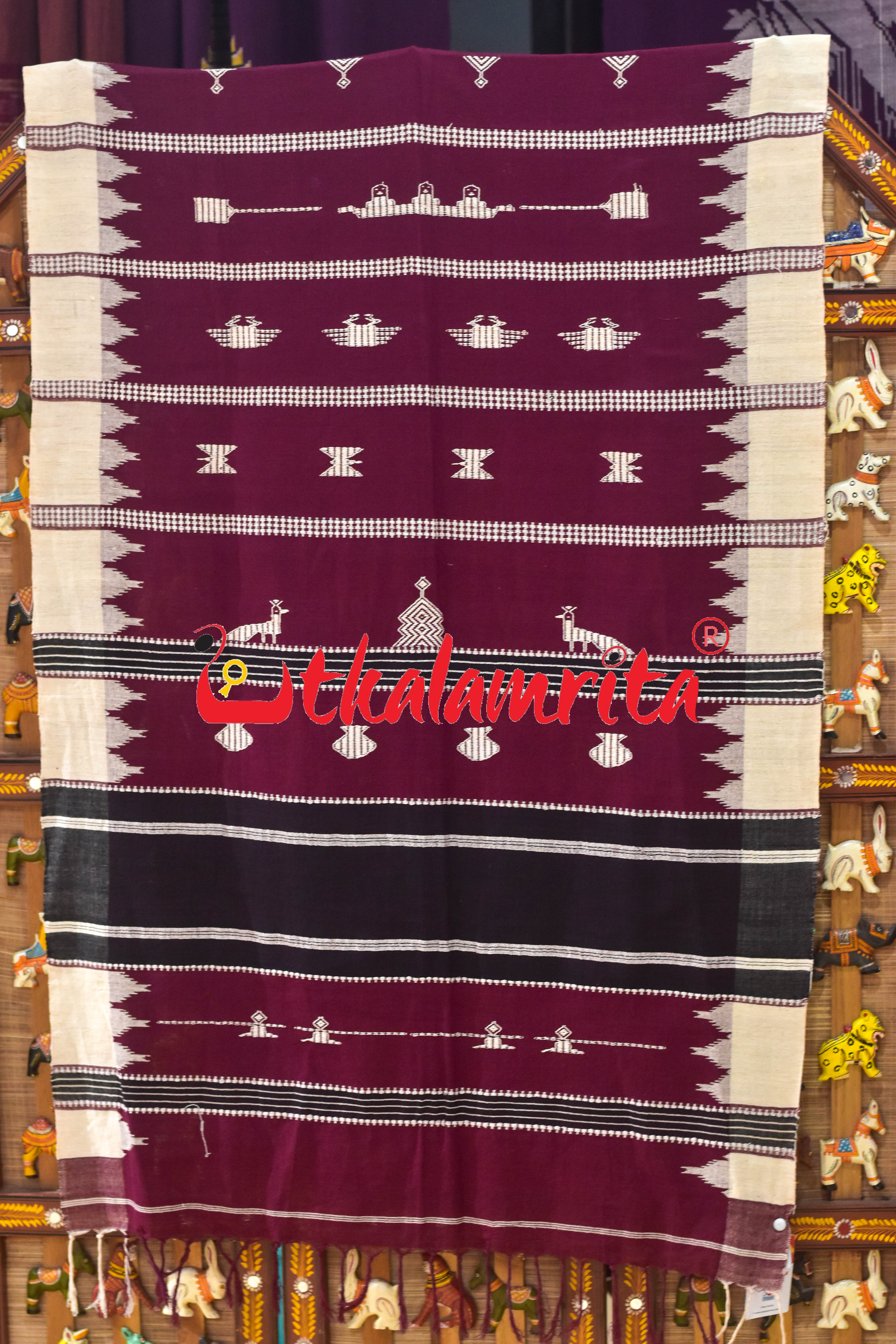 Maroon with Black Stripes Adibasi Kotpad (Dupatta)