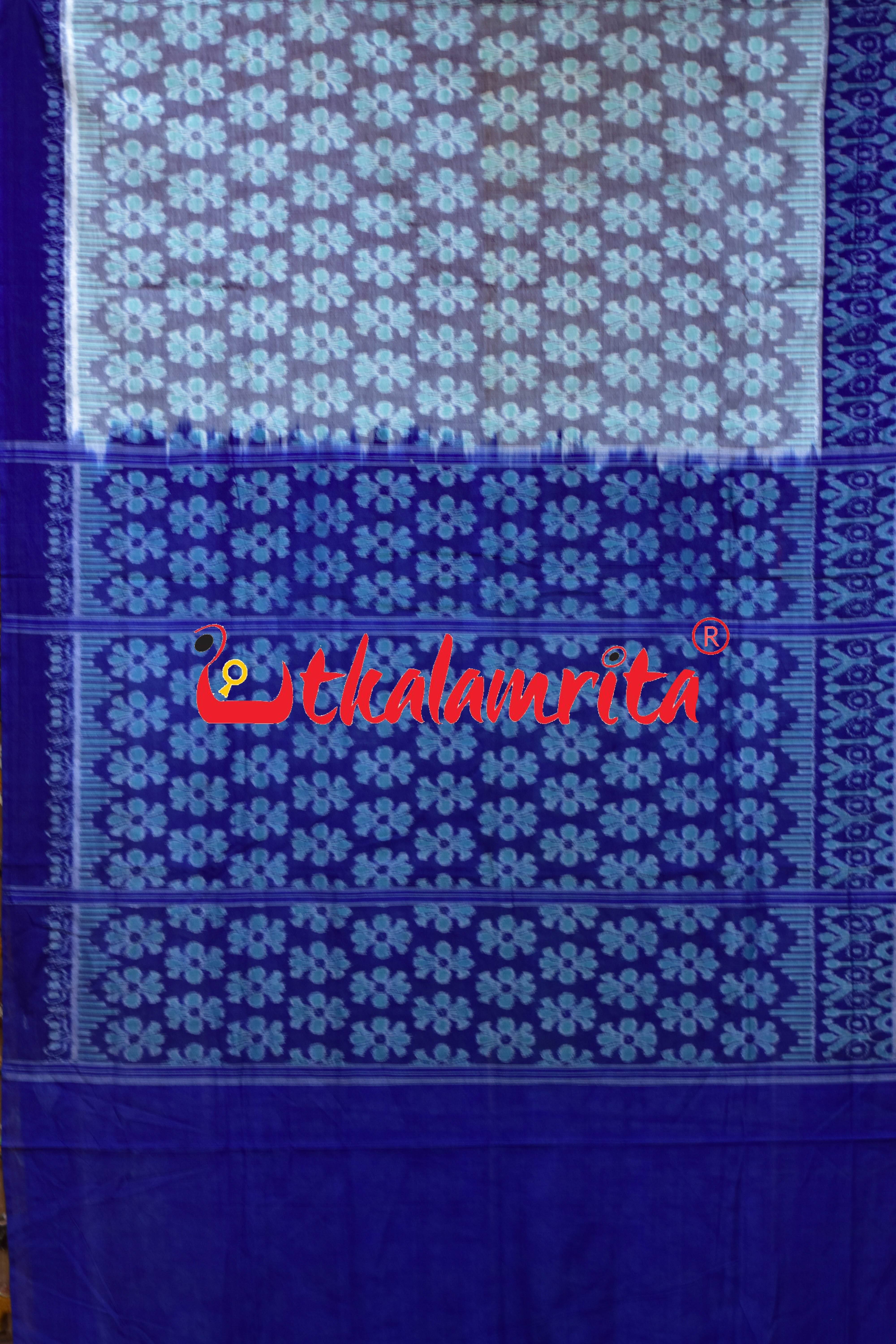 Grey Blue Flower Sambalpuri Cotton Saree